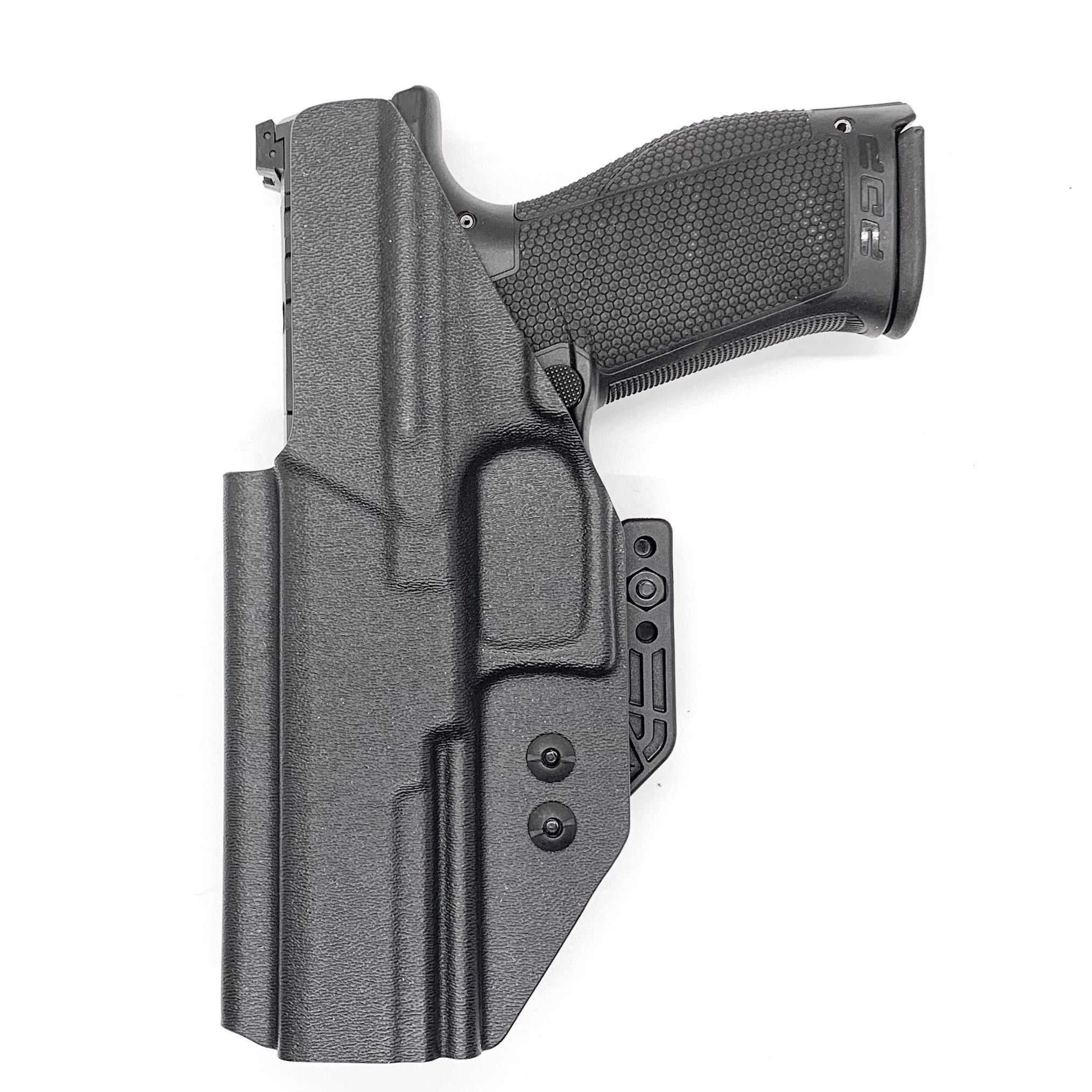 Inside Waistband IWB Holster designed to fit the Walther PDP Full Size 5" pistol. Holster profile is cut to allow red dot sights to be mounted on the pistol.  This holster will fit the Full Size 5" and 5" Compact. Full sweat guard, adjustable retention and open muzzle for threaded barrels and compensators.