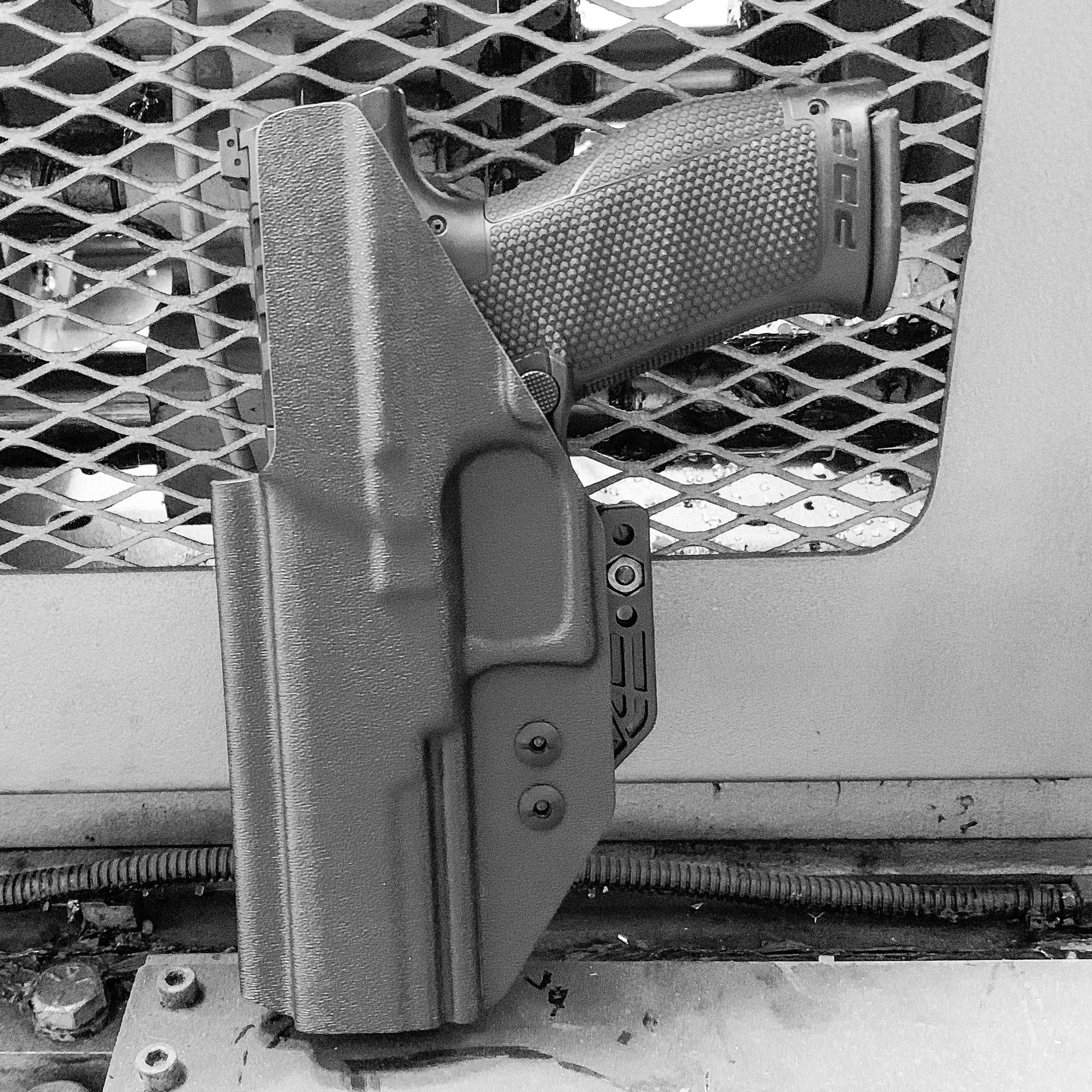 Inside Waistband IWB Holster designed to fit the Walther PDP Compact 5" pistol. Holster profile is cut to allow red dot sights to be mounted on the pistol.  This holster will fit the Full Size 5" and 5" Compact. Full sweat guard, adjustable retention and open muzzle for threaded barrels and compensators.