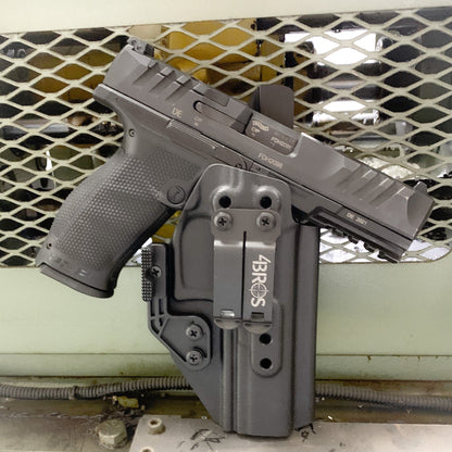 For the best concealed carry Inside Waistband IWB AIWB Holster designed to fit the Walther PDP Pro SD 4.6" pistol  shop Four Brothers Holsters. Profile is cut to allow red dot sights to be mounted on the pistol. Full sweat guard, adjustable retention and open muzzle for threaded barrels and compensators. PDP, Pro SD