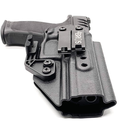 For the best concealed carry Inside Waistband IWB AIWB Holster designed to fit the Walther PDP Pro SD 4.6" pistol  shop Four Brothers Holsters. Profile is cut to allow red dot sights to be mounted on the pistol. Full sweat guard, adjustable retention and open muzzle for threaded barrels and compensators. PDP, Pro SD