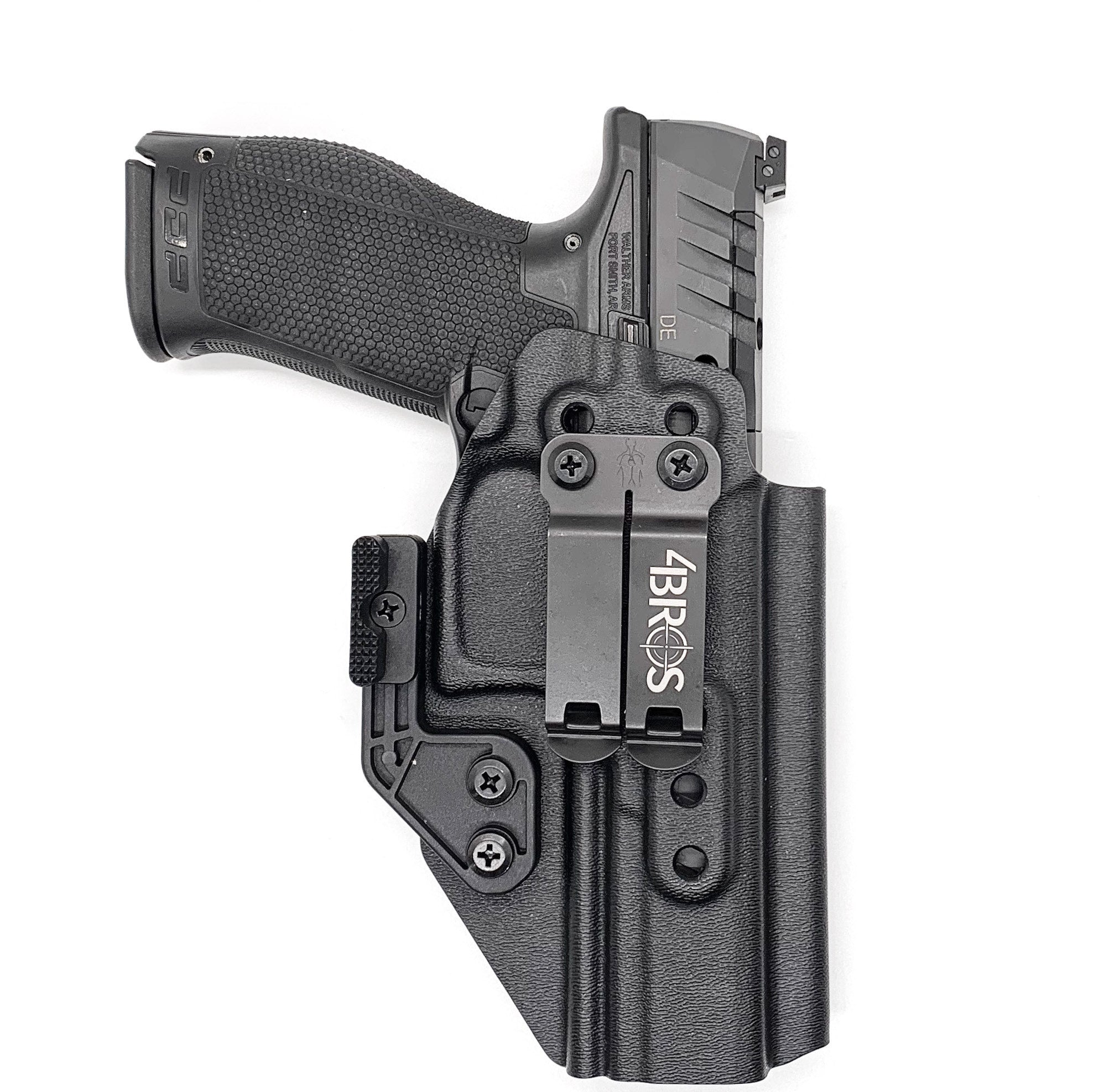 Inside Waistband IWB Holster designed to fit the Walther PDP Compact 5" pistol. Holster profile is cut to allow red dot sights to be mounted on the pistol.  This holster will fit the Full Size 5" and 5" Compact. Full sweat guard, adjustable retention and open muzzle for threaded barrels and compensators.