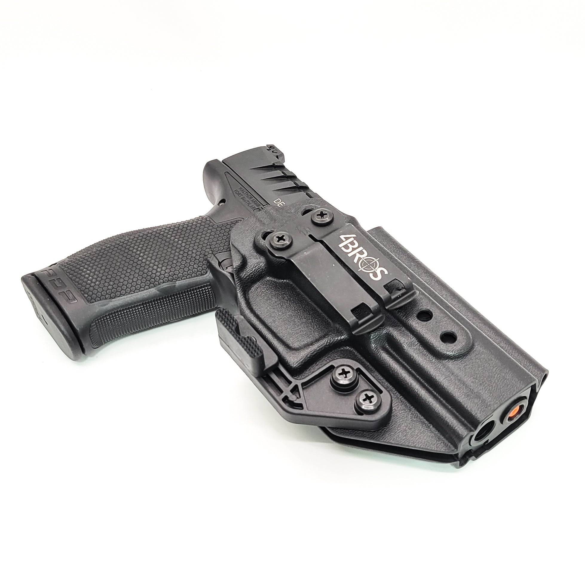 Inside Waistband IWB Kydex Holster designed to fit the Walther PDP Compact pistol. Holster profile is cut to allow red dot sights to be mounted on the pistol.  This holster will fit the Full Size 4.5", Full Size 4" & Compact. Full sweat guard, adjustable retention and open muzzle for threaded barrels and compensators.