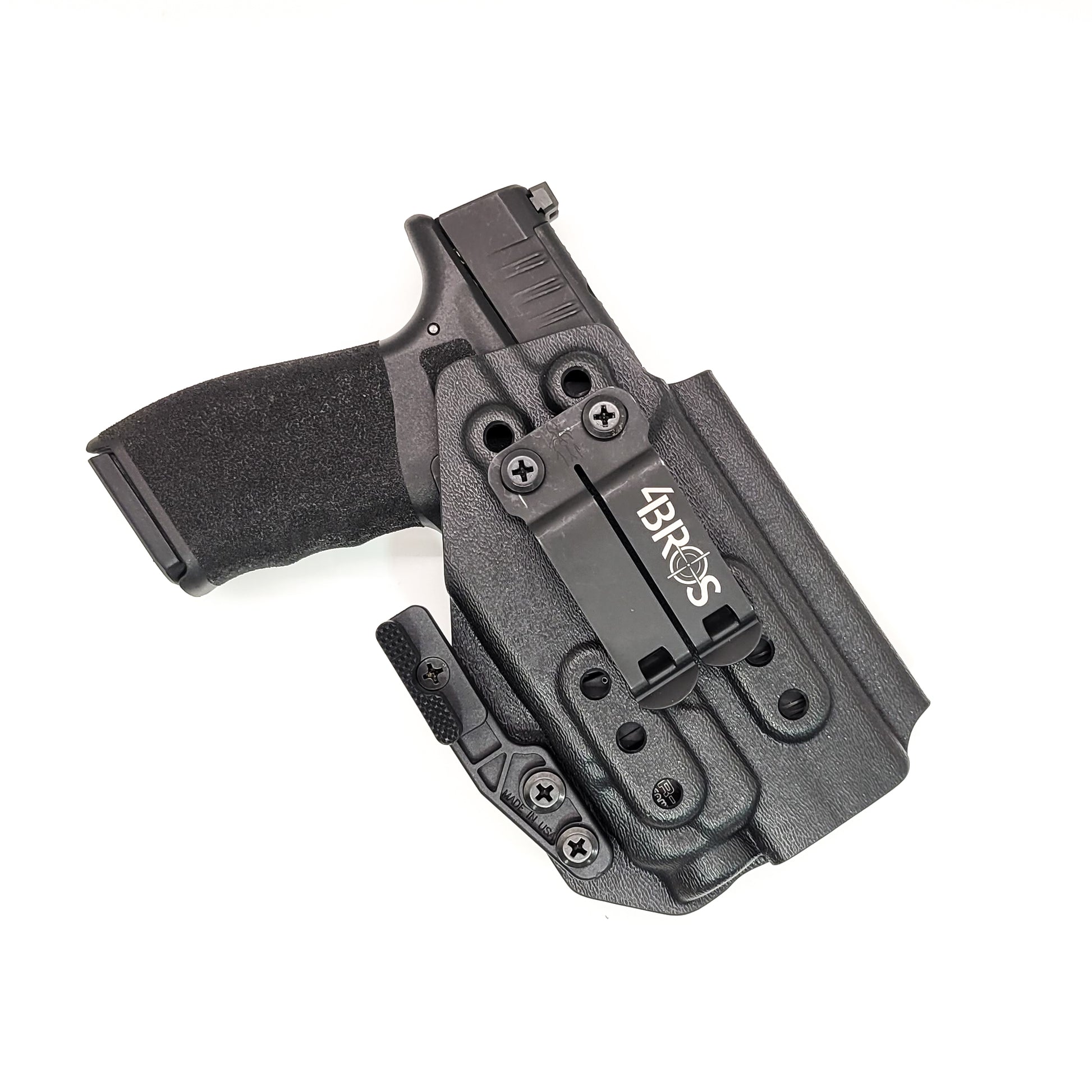 Inside Waistband Holster designed to fit the Springfield Hellcat Pro pistol with the Streamlight TLR-7 & TLR-7A light mounted to the handgun. The holster retention is on the light itself and not the pistol. Full sweat guard, adjustable retention, minimal material, and smooth edges to reduce printing. Made in the USA.