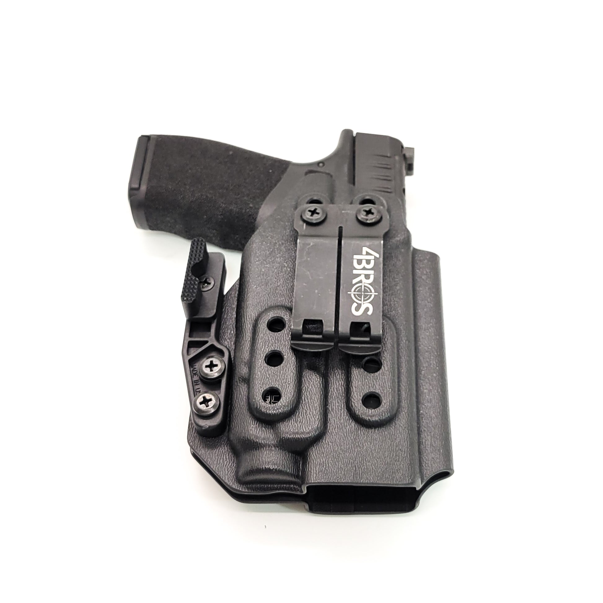 Inside Waistband Holster designed to fit the Springfield Hellcat Pro pistol with the Streamlight TLR-7 & TLR-7A light mounted to the handgun. The holster retention is on the light itself and not the pistol. Full sweat guard, adjustable retention, minimal material, and smooth edges to reduce printing. Made in the USA.