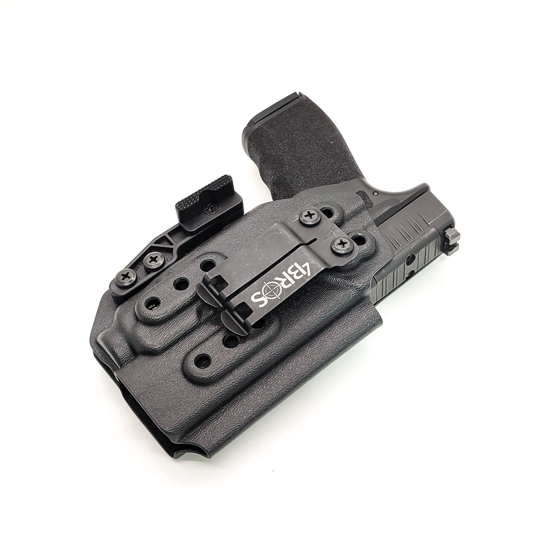 Inside Waistband Holster designed to fit the Springfield Hellcat Pro pistol with the Streamlight TLR-7 & TLR-7A light mounted to the handgun. The holster retention is on the light itself and not the pistol. Full sweat guard, adjustable retention, minimal material, and smooth edges to reduce printing. Made in the USA.