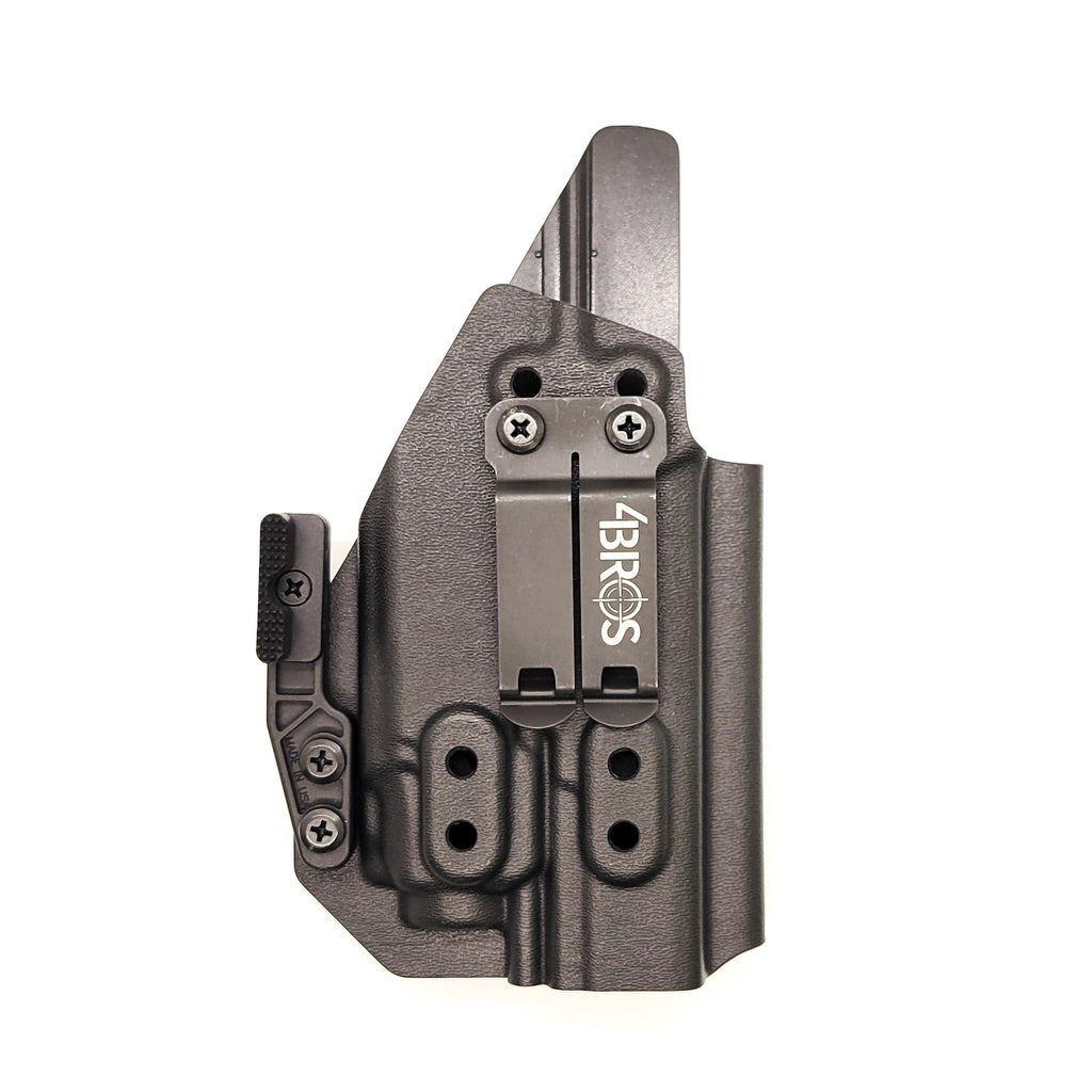 For the best concealed carry Inside Waistband IWB AIWB Holster designed to fit the Walther PDP Pro SD Compact 4.6" pistol with a 4" slide and 4.6" threaded barrel and Streamlight TLR-8 or TLR-8A mounted on the firearm, shop Four Brothers Holsters. Cut for red dot sight, sweat guard, adjustable retention & open muzzle 