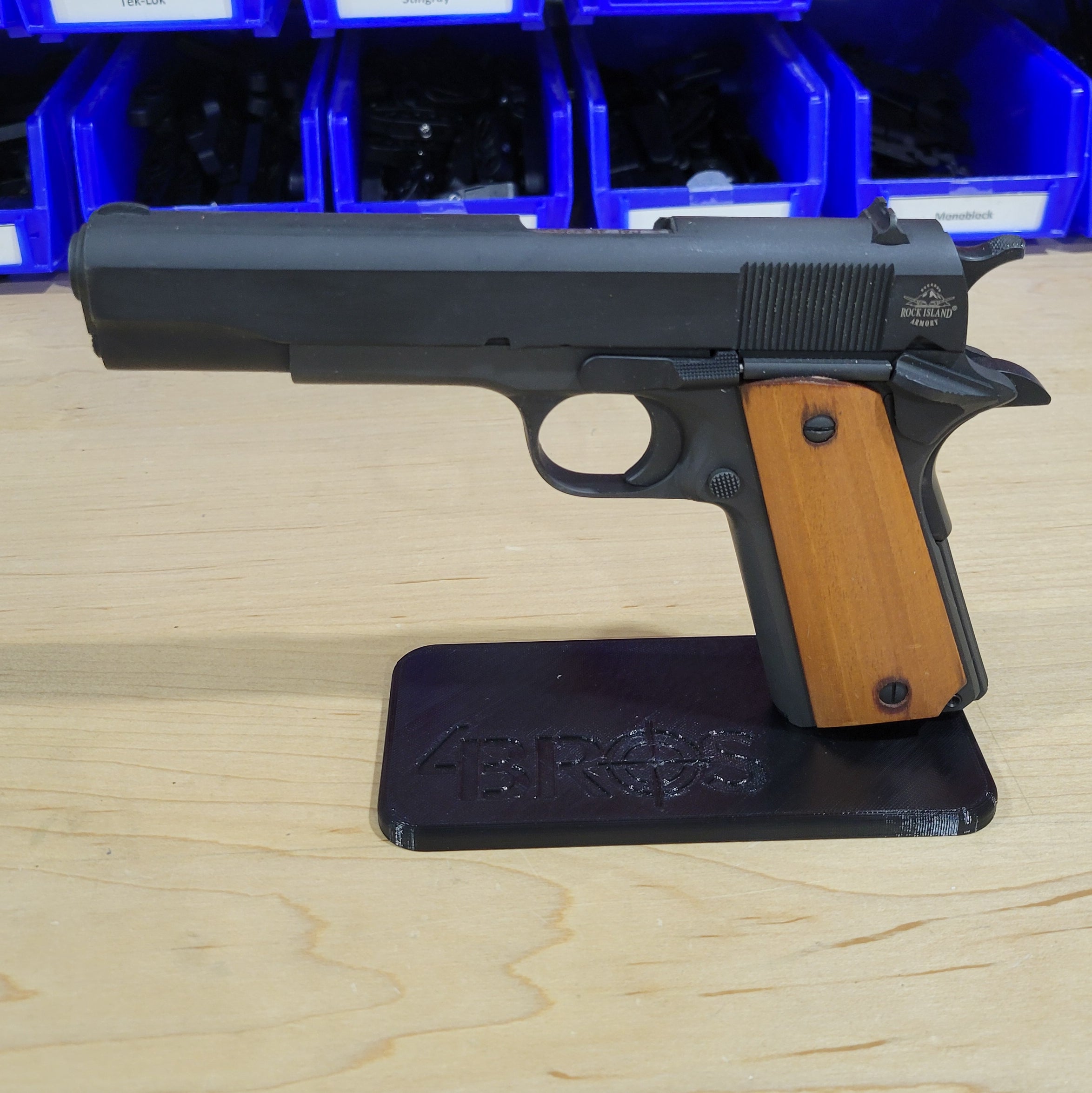 For the best 3D-printed 1911 Pistol Stand, perfect for storing and displaying your favorite handgun, shop Four Brothers Holsters. Printed in the USA with PETG plastic. This is a must-have for anyone wanting to display their favorite 1911 firearm. It also works well for storing handguns in a gun safe.