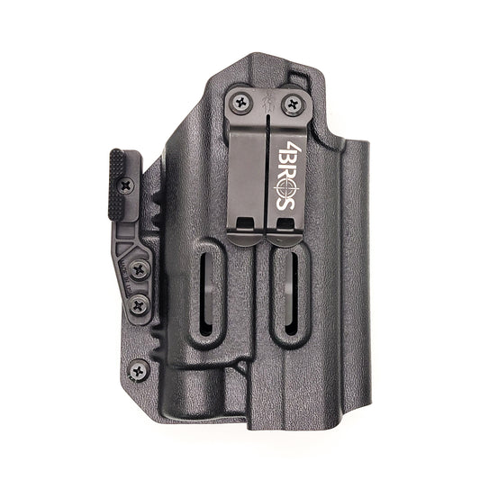 For the best inside IWB AIWB Waistband Taco Style Kydex Holster designed to fit the Sig Sauer P320-XTEN Comp with the Streamlight TLR-1 or TLR-1 HL attached to the pistol shop Four Brothers Holsters. Full Sweat Guard, Adjustable Retention. Profile cut to allow red dot sights. Made in the USA. P 320 XTEN P320 XTEN