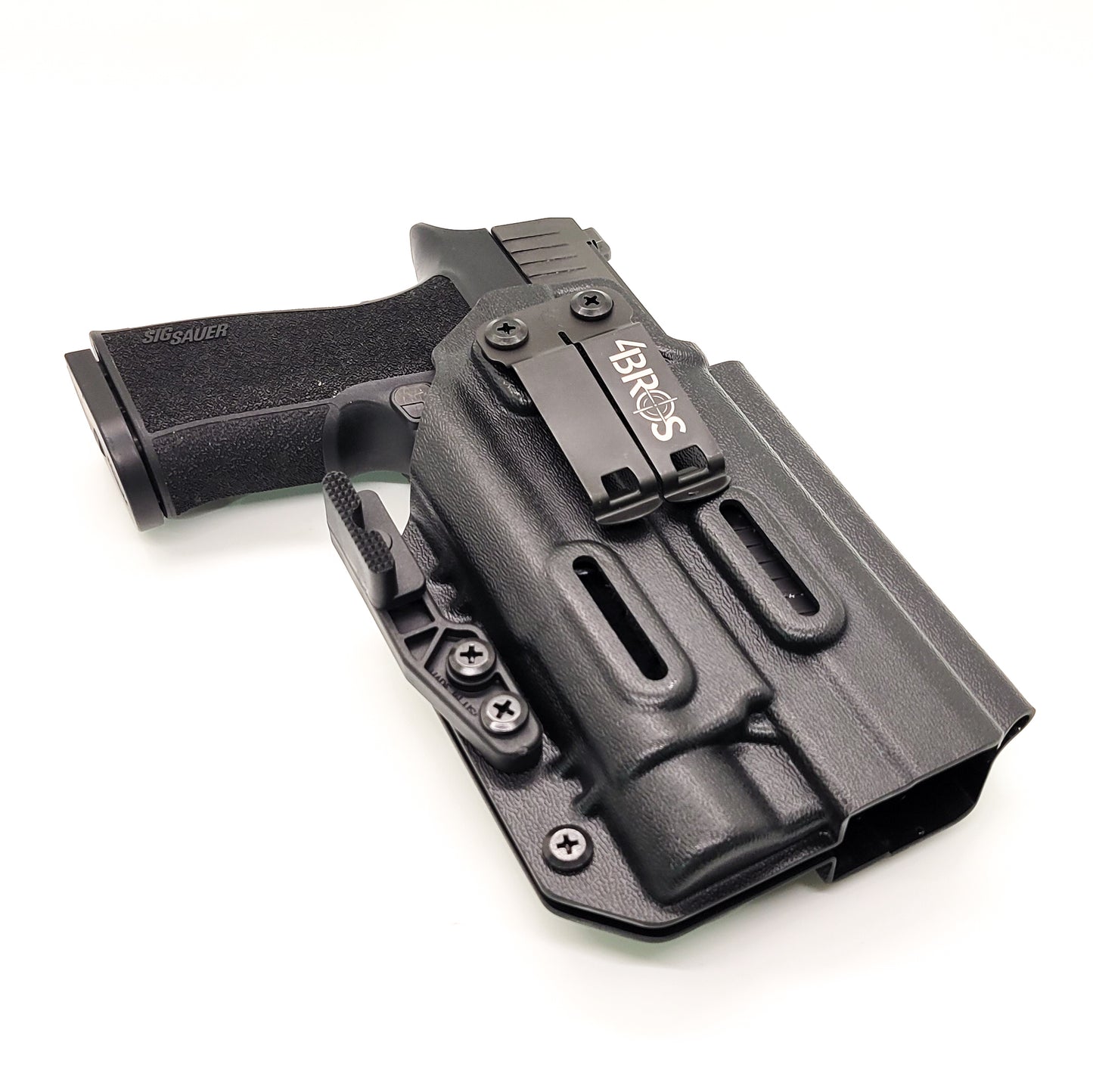 For the best inside IWB AIWB Waistband Taco Style Kydex Holster designed to fit the Sig Sauer P320-XTEN Comp with the Streamlight TLR-1 or TLR-1 HL attached to the pistol shop Four Brothers Holsters. Full Sweat Guard, Adjustable Retention. Profile cut to allow red dot sights. Made in the USA. P 320 XTEN P320 XTEN