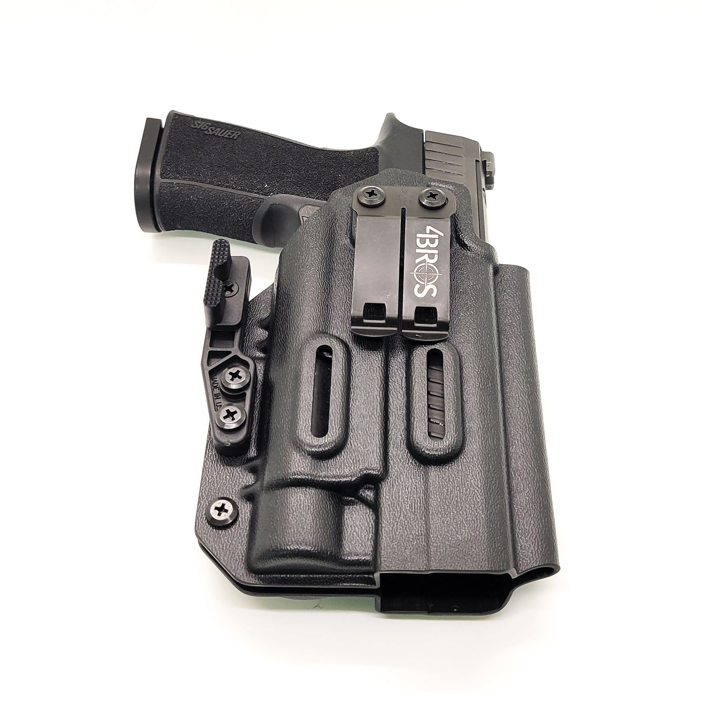 For the best inside IWB AIWB Waistband Taco Style Kydex Holster designed to fit the Sig Sauer P320-XTEN Comp with the Streamlight TLR-1 or TLR-1 HL attached to the pistol shop Four Brothers Holsters. Full Sweat Guard, Adjustable Retention. Profile cut to allow red dot sights. Made in the USA. P 320 XTEN P320 XTEN