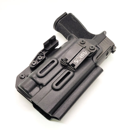 For the best inside IWB AIWB Waistband Taco Style Kydex Holster designed to fit the Sig Sauer P320-XTEN Comp with the Streamlight TLR-1 or TLR-1 HL attached to the pistol shop Four Brothers Holsters. Full Sweat Guard, Adjustable Retention. Profile cut to allow red dot sights. Made in the USA. P 320 XTEN P320 XTEN