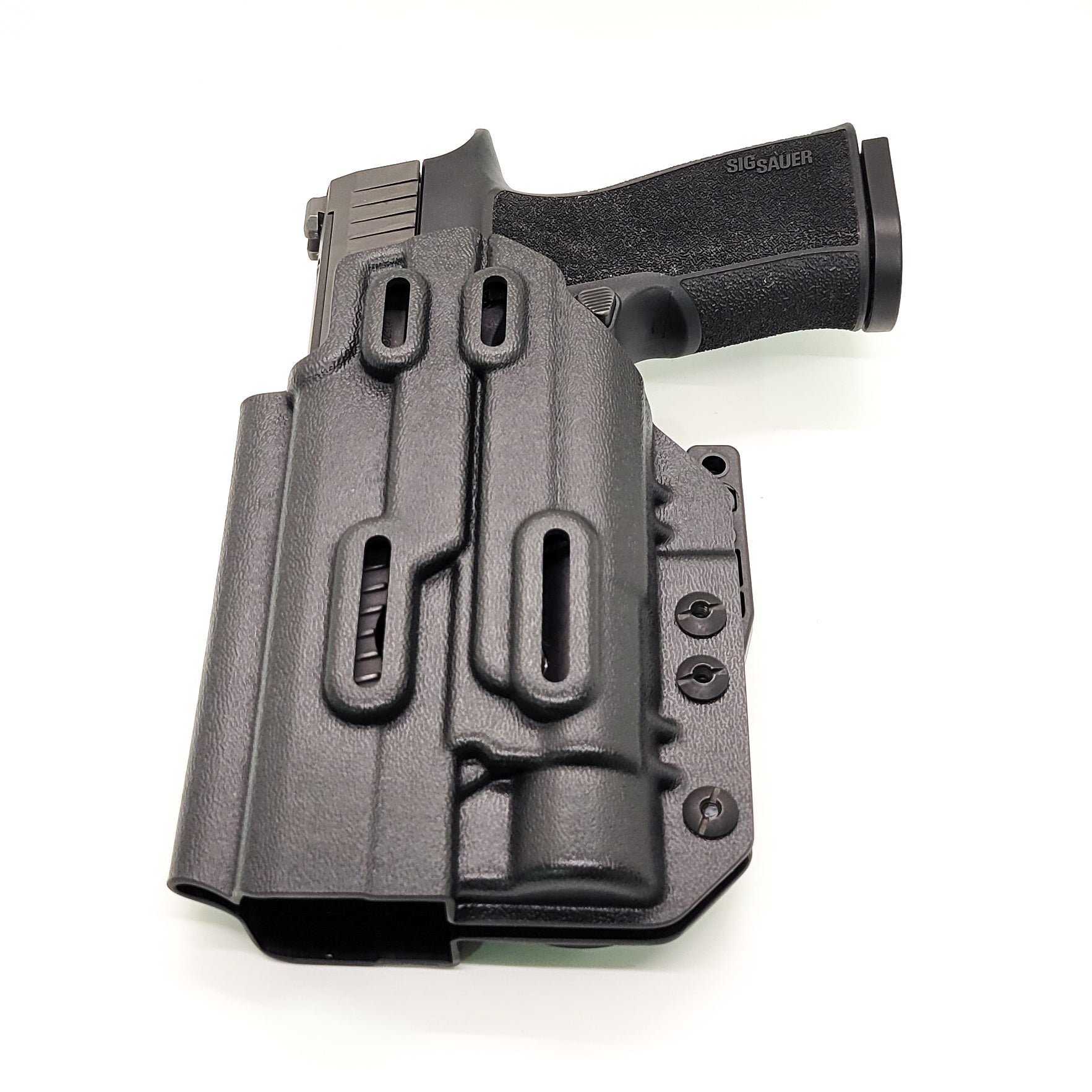 For the best inside IWB AIWB Waistband Taco Style Kydex Holster designed to fit the Sig Sauer P320-XTEN Comp with the Streamlight TLR-1 or TLR-1 HL attached to the pistol shop Four Brothers Holsters. Full Sweat Guard, Adjustable Retention. Profile cut to allow red dot sights. Made in the USA. P 320 XTEN P320 XTEN