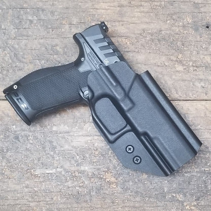 For the best, Outside Waistband OWB Kydex Holster designed to fit the Walther PDP F Series 4" & 3.5"  handgun, shop Four Brothers Holsters.  Full sweat guard, adjustable retention. Made in USA from .080" black thermoplastic for durability. Open muzzle for threaded barrels, cleared for red dot sights. 