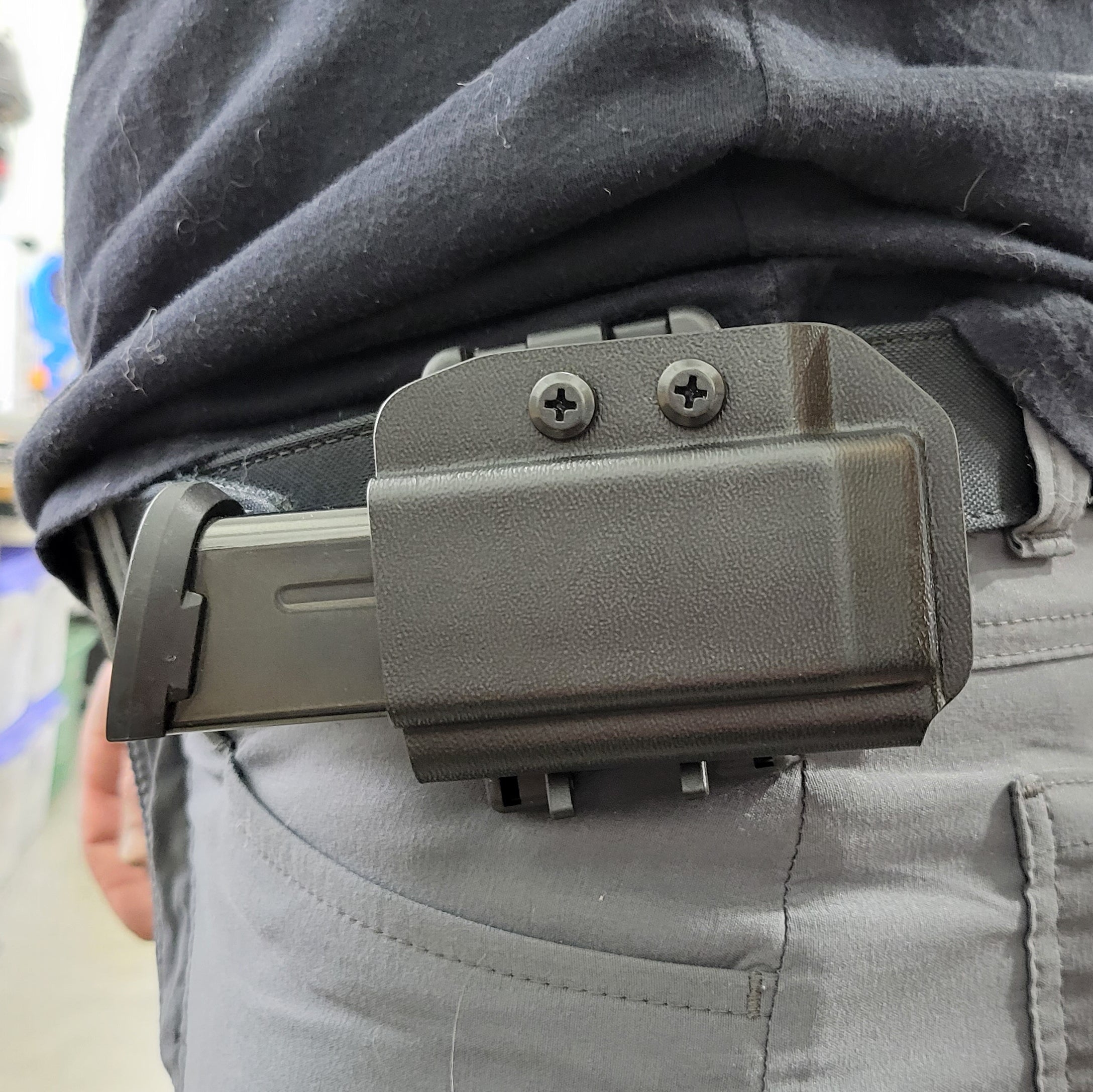 For the Best, most comfortable,  Kydex OWB Outside Waistband magazine pouch for FN Reflex, shop Four Brothers Holsters. Suitable for belt widths of 1 1/2", 1 3/4". 2" & 2 1/2" Adjustable retention and cant outside waist carrier holster Hellcat Pro, Sig P365XL, Glock 43X & 48, Smith & Wesson Equalizer & Shield Plus 9mm