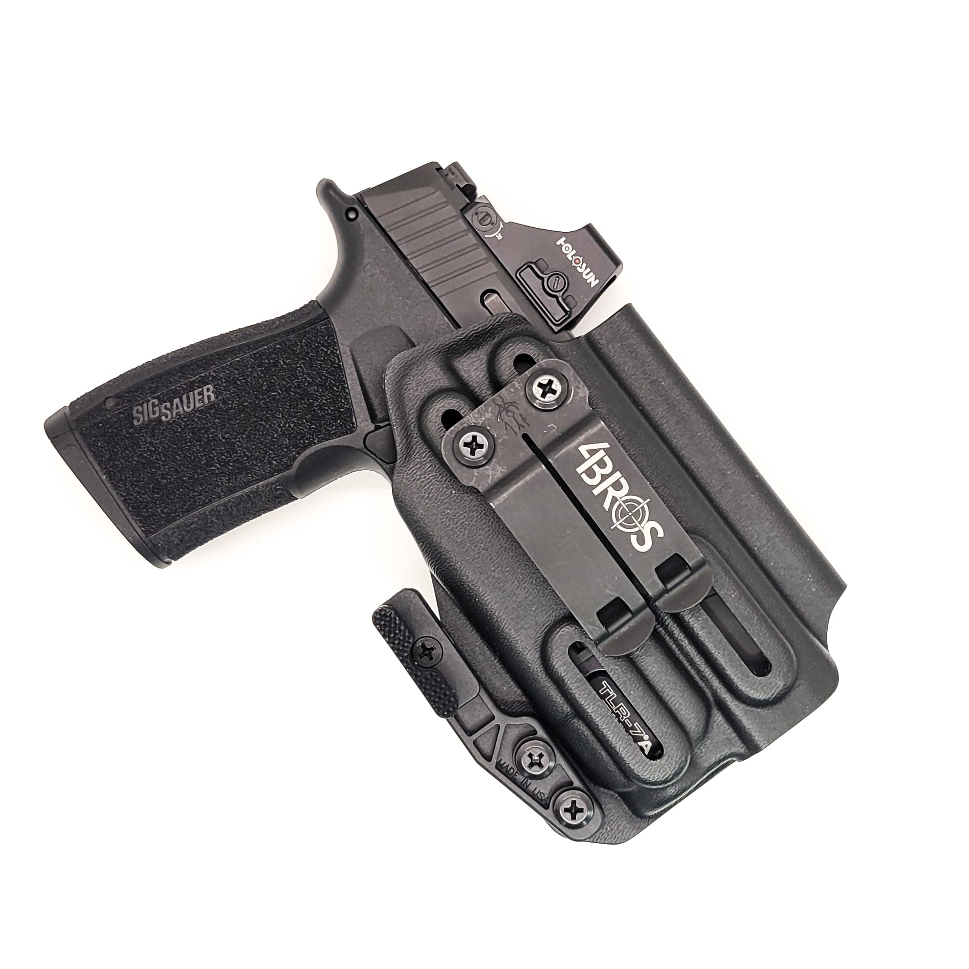 For the best Inside Waistband Kydex Holster designed to fit the Sig Sauer P365-XMACRO COMP ROMEOZERO ELITE with Streamlight TLR-7 or TLR-7A, shop Four Brothers Holsters.  Full sweat guard, adjustable retention, minimal material & smooth edges to reduce printing. Made in the USA. Open muzzle for threaded barrels, cleared for red dot sights.