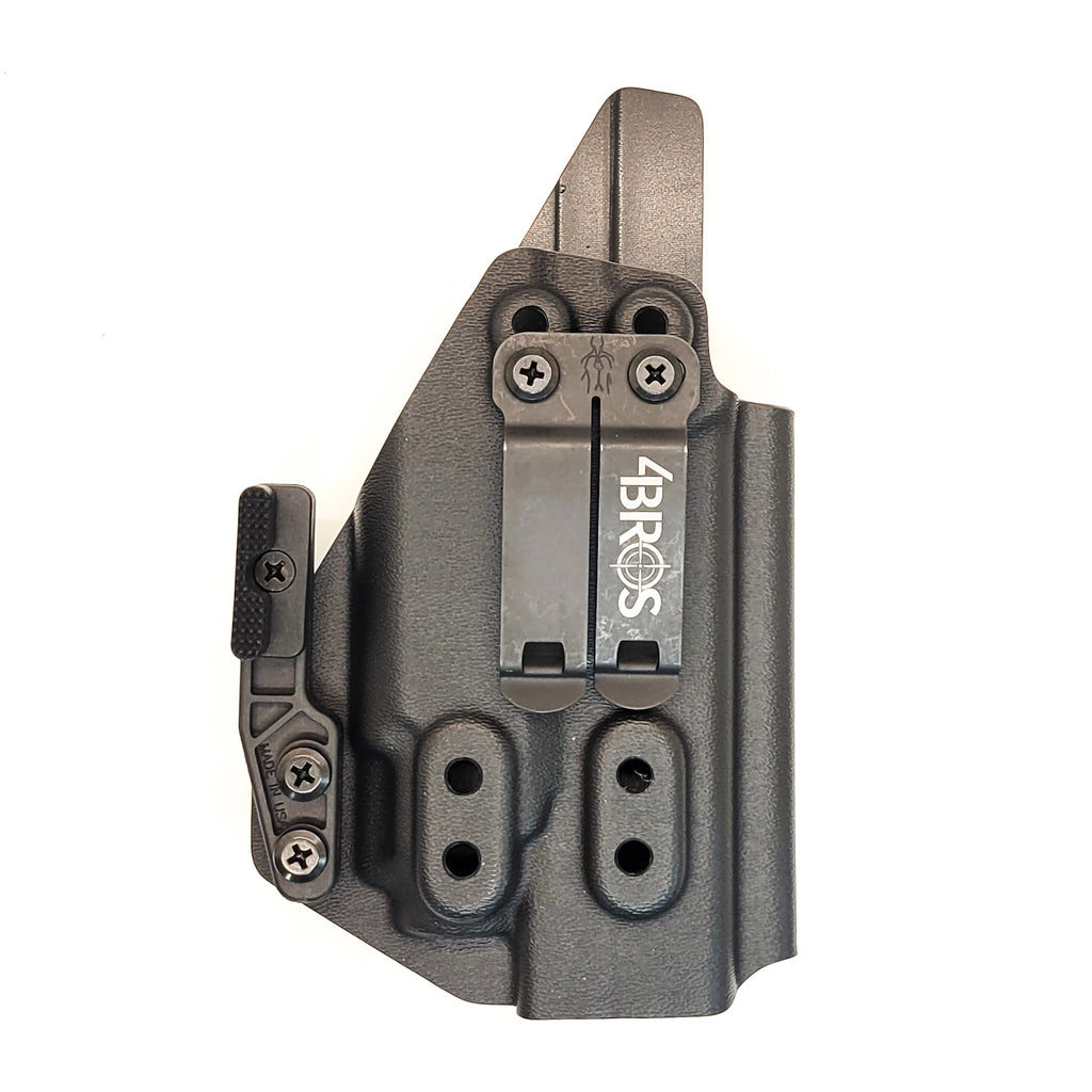 For the best, IWB AIWB Inside Waistband Kydex Holster designed to fit the Springfield Hellcat Mico Compact or Hellcat RDP pistol with Streamlight TLR-8 Sub, shop Four Brothers Holsters.  Full sweat guard, adjustable retention, open muzzle for threaded barrels cleared and for red dot sights. Made in the USA. 