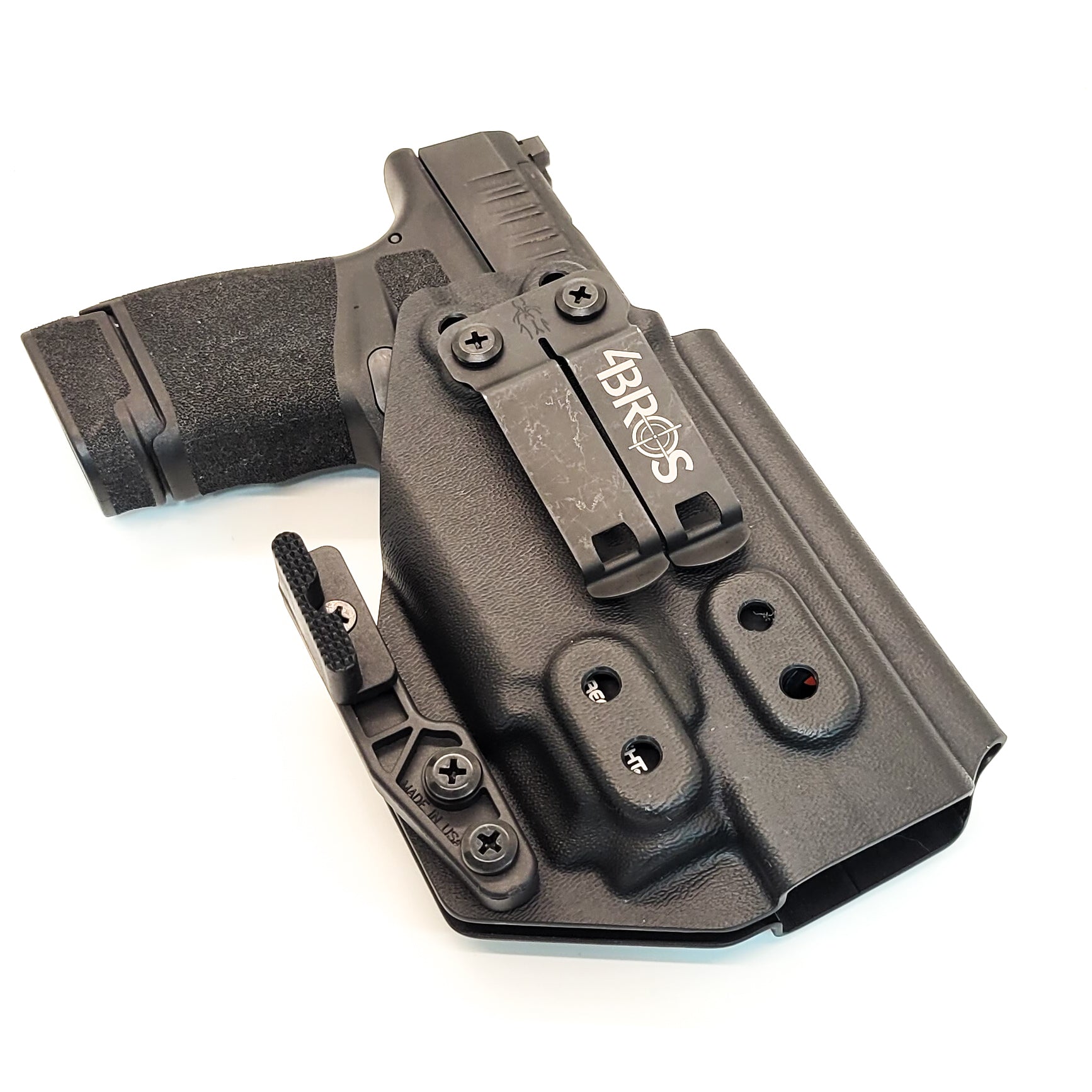 For the best, IWB AIWB Inside Waistband Kydex Holster designed to fit the Springfield Hellcat Mico Compact or Hellcat RDP pistol with Streamlight TLR-8 Sub, shop Four Brothers Holsters.  Full sweat guard, adjustable retention, open muzzle for threaded barrels cleared and for red dot sights. Made in the USA. 