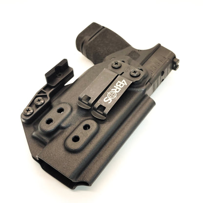 For the best, IWB AIWB Inside Waistband Kydex Holster designed to fit the Springfield Hellcat Mico Compact or Hellcat RDP pistol with Streamlight TLR-8 Sub, shop Four Brothers Holsters.  Full sweat guard, adjustable retention, open muzzle for threaded barrels cleared and for red dot sights. Made in the USA. 