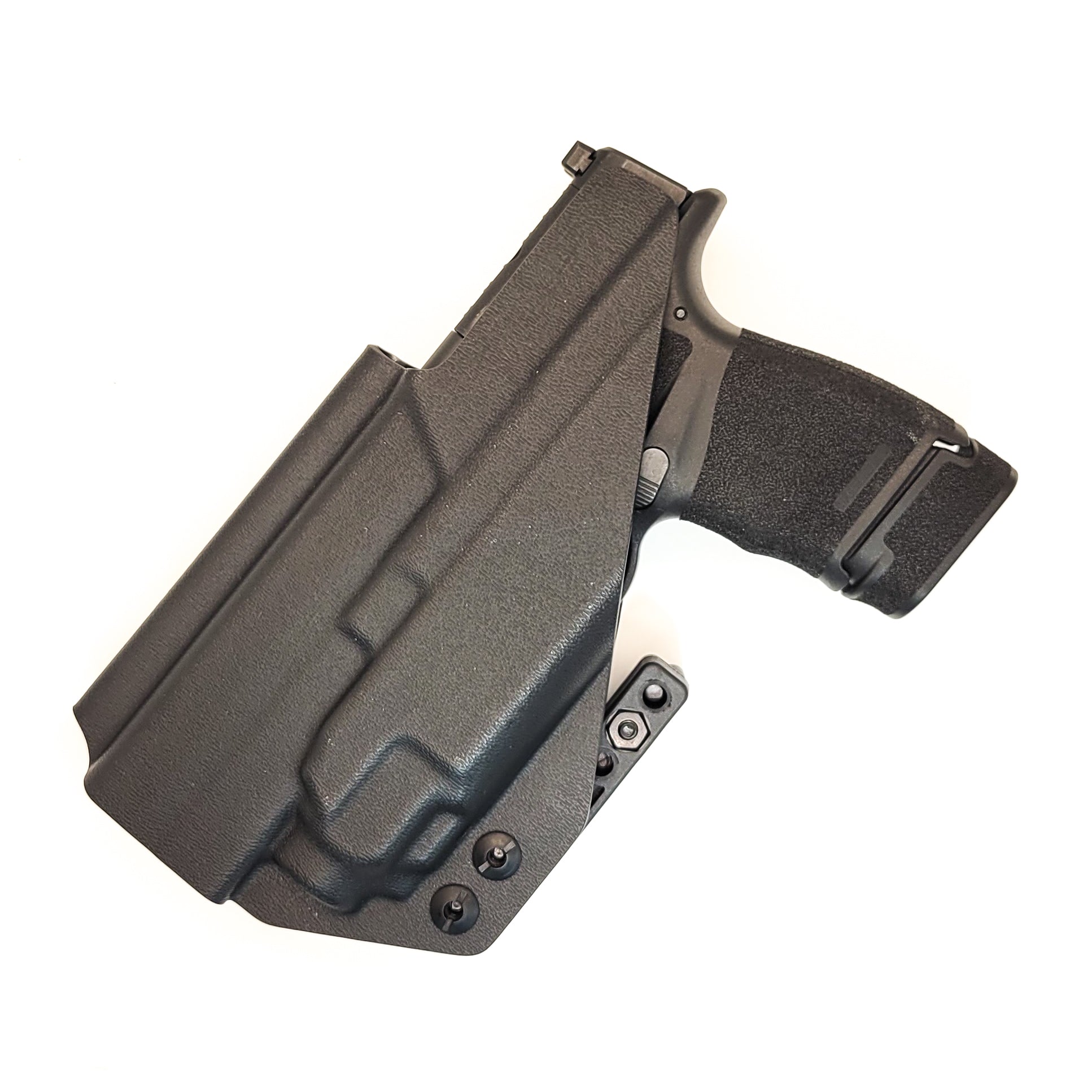 For the best, IWB AIWB Inside Waistband Kydex Holster designed to fit the Springfield Hellcat Mico Compact or Hellcat RDP pistol with Streamlight TLR-8 Sub, shop Four Brothers Holsters.  Full sweat guard, adjustable retention, open muzzle for threaded barrels cleared and for red dot sights. Made in the USA. 