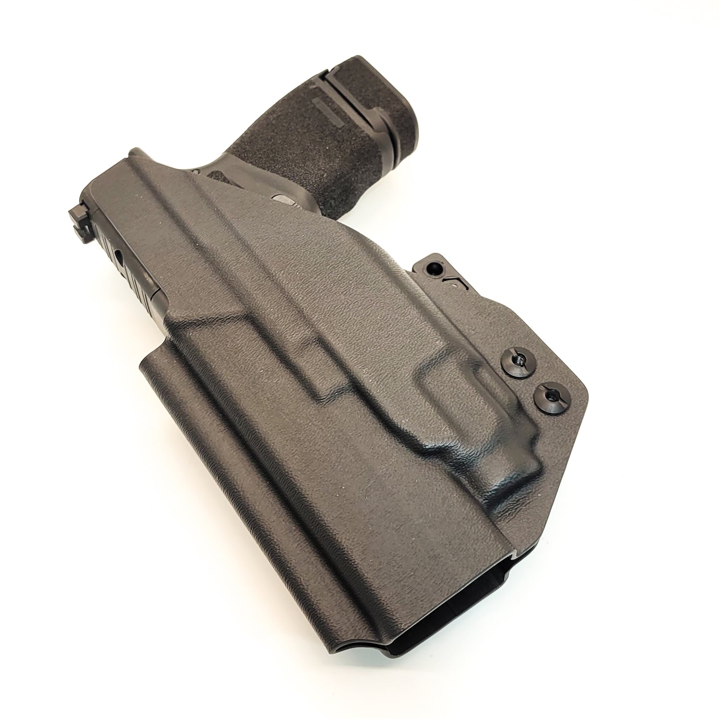 For the best, IWB AIWB Inside Waistband Kydex Holster designed to fit the Springfield Hellcat Mico Compact or Hellcat RDP pistol with Streamlight TLR-8 Sub, shop Four Brothers Holsters.  Full sweat guard, adjustable retention, open muzzle for threaded barrels cleared and for red dot sights. Made in the USA. 