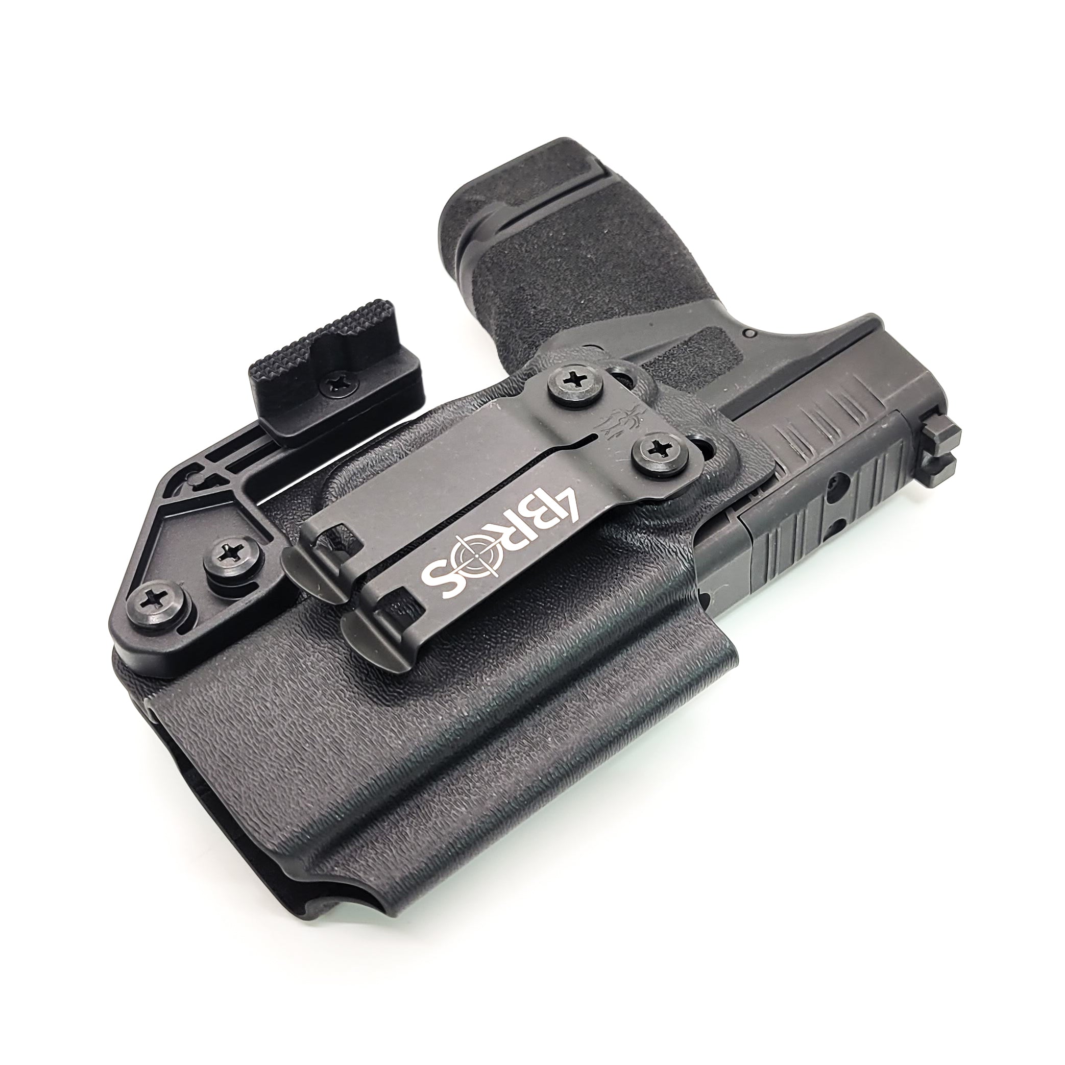 For the best, IWB AIWB Inside Waistband Holster designed to fit the Springfield Armory Hellcat, shop Four Brothers Holsters. Designed to accommodate a red dot sight mounted to the pistol. Full sweat guard, adjustable retention, minimal material, and smooth edges to reduce printing. Proudly made in the USA. 