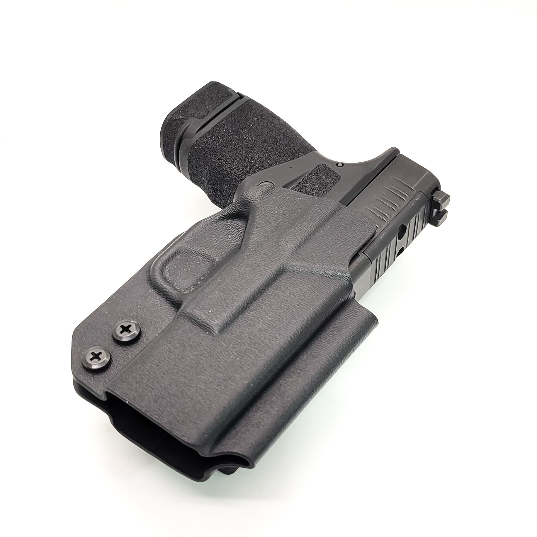 For the best OWB Outside Waistband Holster designed to fit the Springfield Armory Hellcat, shop Four Brothers Holters. Cleared for a red dot sight mounted to the pistol. Full sweat guard, adjustable retention, minimal material, and smooth edges to reduce printing. Proudly made in the USA.