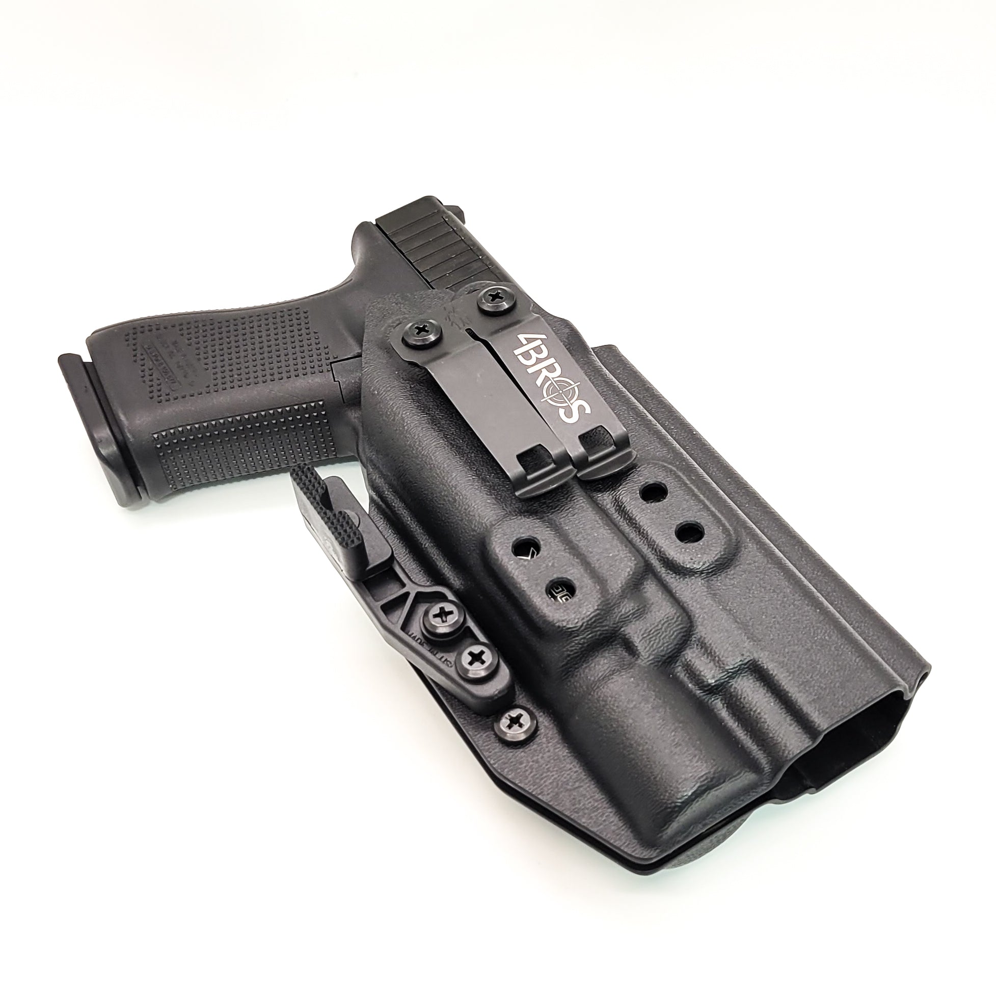 For the best, IWB AIWB Inside Waistband Taco Style Holster designed to fit the Glock 34, 17, and 19 Gen 5 with the Surefire X300U A or B X300U-A or X300U-B weapon-mounted light, shop Four Brothers Holsters. Adjustable retention and ride height, high sweat guard, minimum material for reduced printing. Made in the USA.