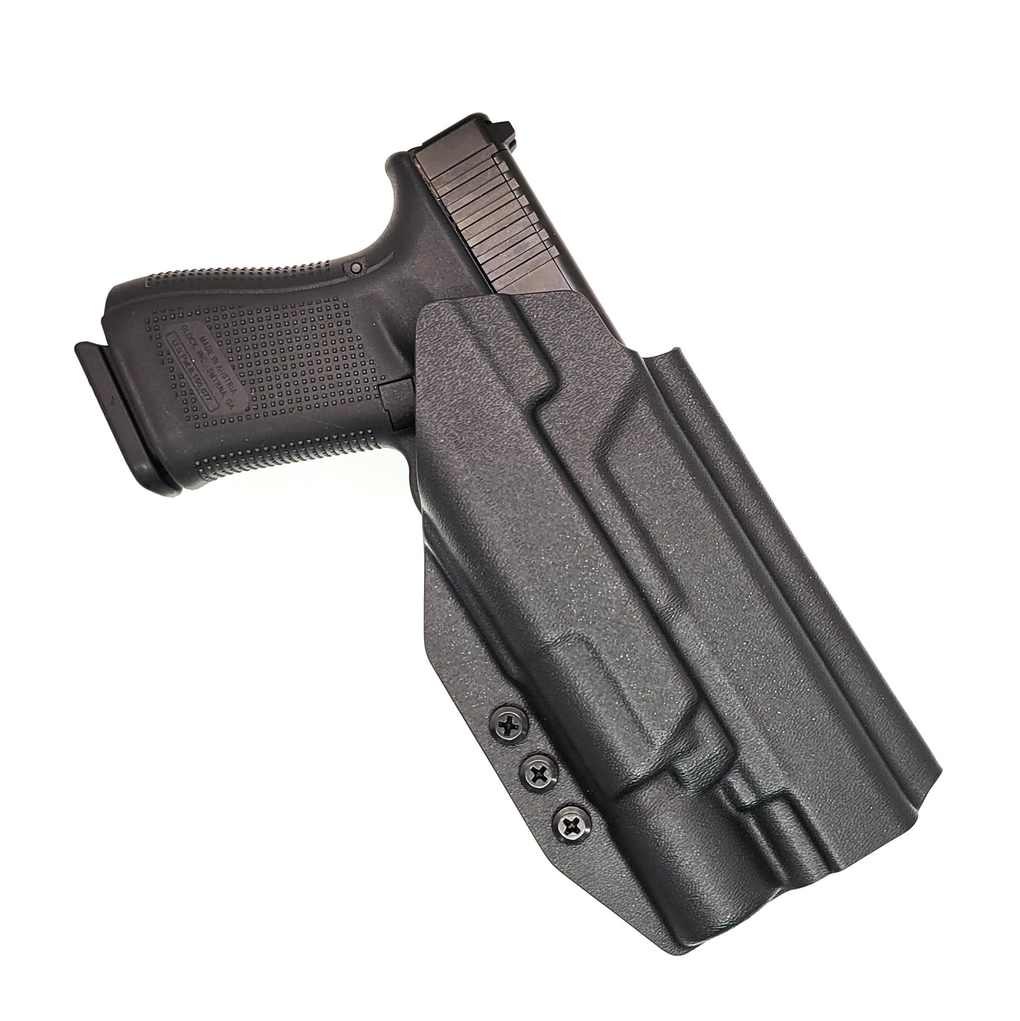 For the best, OWB Outside Waistband Taco Style Holster designed to fit the Glock 34, 17, or 19 Gen 5 pistol with the Surefire X300U A or B X300U-A or X300U-B weapon-mounted light, shop Four Brothers Holsters. Adjustable retention, high sweat guard, profiled for red dot sights. Made in the USA. 