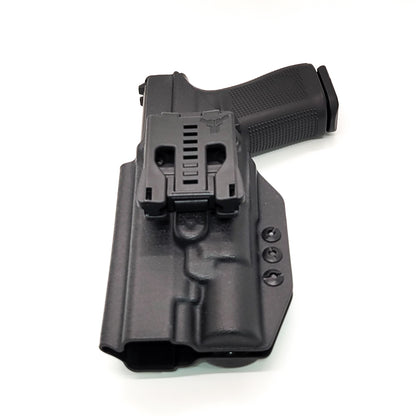 For the best, OWB Outside Waistband Taco Style Holster designed to fit the Glock 34, 17, or 19 Gen 5 pistol with the Surefire X300U A or B X300U-A or X300U-B weapon-mounted light, shop Four Brothers Holsters. Adjustable retention, high sweat guard, profiled for red dot sights. Made in the USA. 