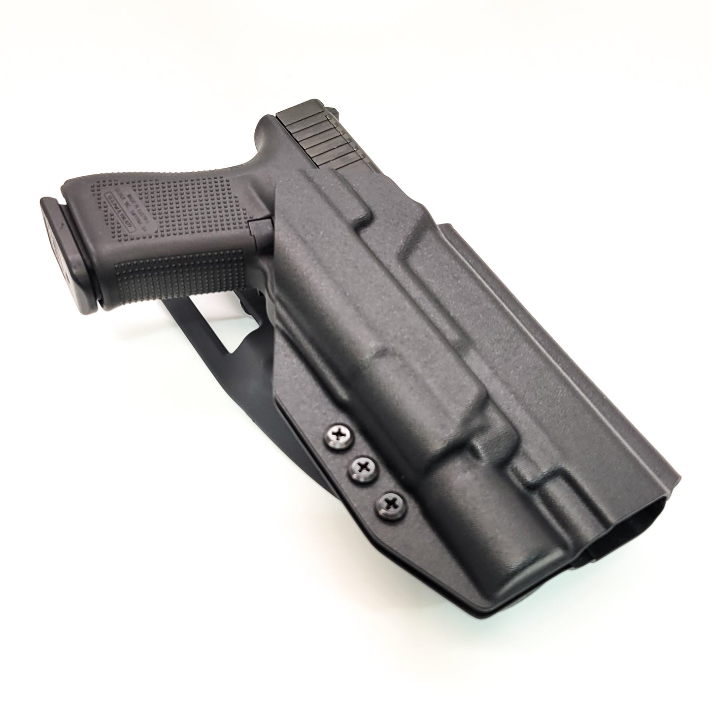 For the best, OWB Outside Waistband Duty & Competition Style Holster designed to fit the Glock 34, 17, or 19 Gen 5 pistol with the Surefire X300U A or B X300U-A or X300U-B weapon-mounted light, shop Four Brothers Holsters. Adjustable retention, high sweat guard, profiled for red dot sights. Made in the USA.