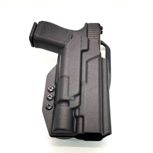 For the best, OWB Outside Waistband Duty & Competition Style Holster designed to fit the Glock 34, 17, or 19 Gen 5 pistol with the Surefire X300U A or B X300U-A or X300U-B weapon-mounted light, shop Four Brothers Holsters. Adjustable retention, high sweat guard, profiled for red dot sights. Made in the USA.