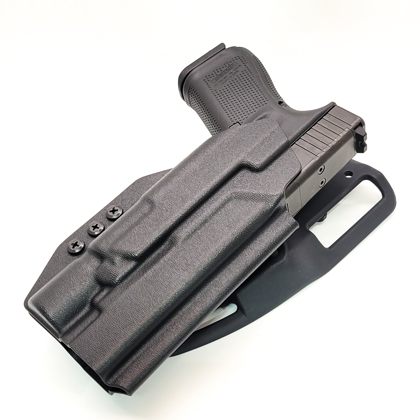 For the best, OWB Outside Waistband Duty & Competition Style Holster designed to fit the Glock 34, 17, or 19 Gen 5 pistol with the Surefire X300U A or B X300U-A or X300U-B weapon-mounted light, shop Four Brothers Holsters. Adjustable retention, high sweat guard, profiled for red dot sights. Made in the USA.