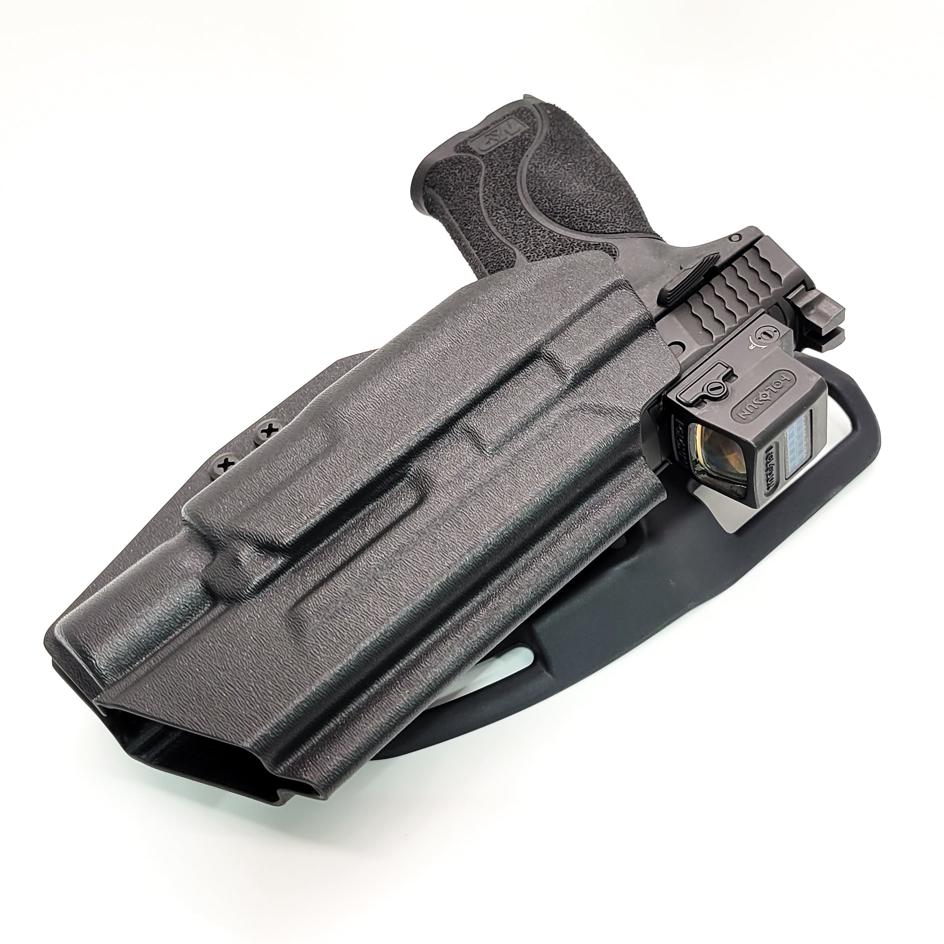 For the best Outside Waistband Duty & Competition OWB Kydex Holster designed to fit the Smith & Wesson M&P 10MM M2.0 4" or 4.6" pistol with thumb safety and Surefire X300U-A, X300U-B, X300T-A or X300T-B, shop four brothers holsters.  Full sweat guard, adjustable retention, profiled for a red dot sight. Made in the USA.