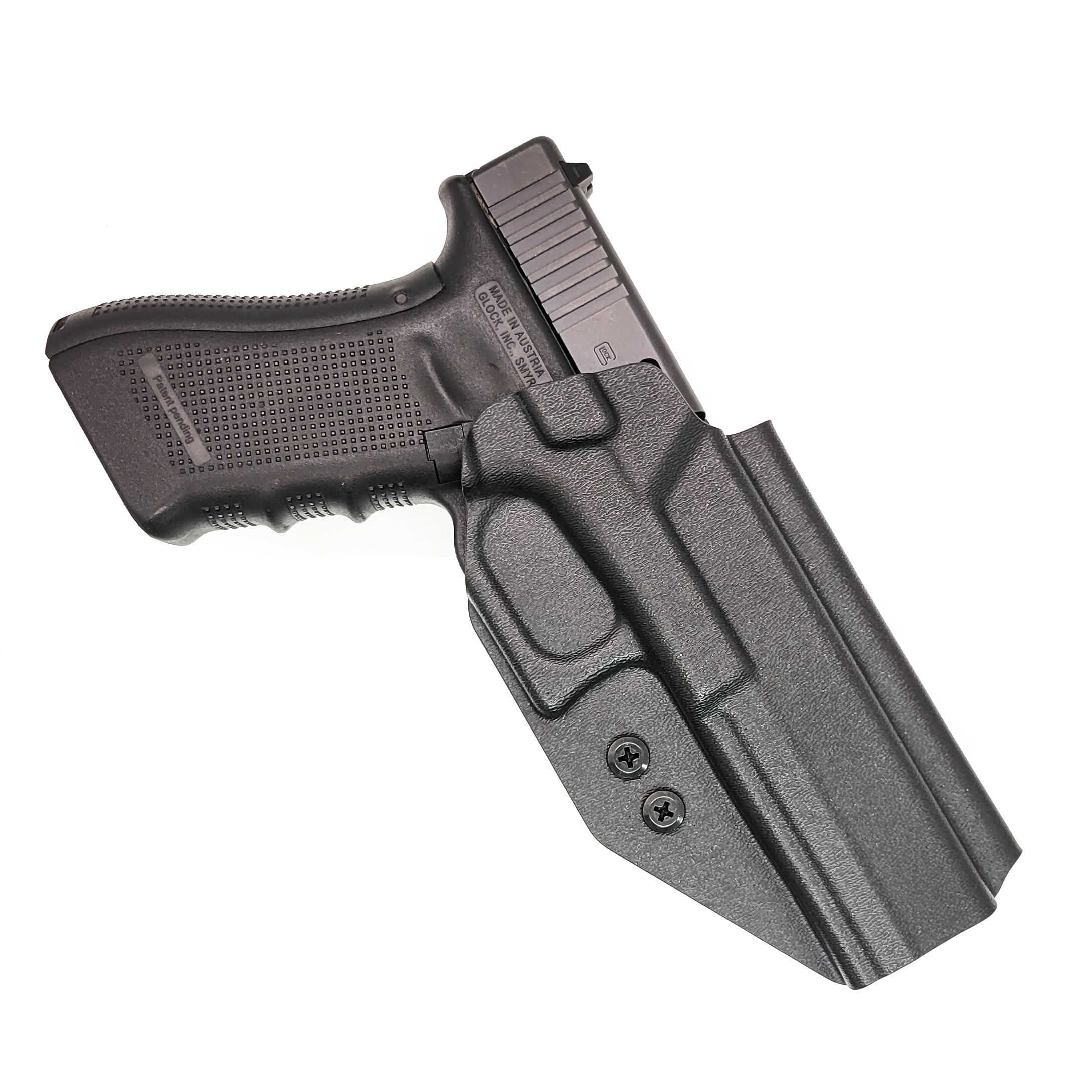 For the best outside waistband OWB holster for the Glock 34 Generation Gen 5, shop Four Brothers Holsters. Glock Gen 3 & 4 22, 17 MOS, Gen 3, 4 & 5 19, 23, 45 9mm Glock full size 9mm and 40 S&W frame pistols. The holster is cleared for a red dot sight. Adjustable Retention, molded with .080" Kydex, made in the USA.