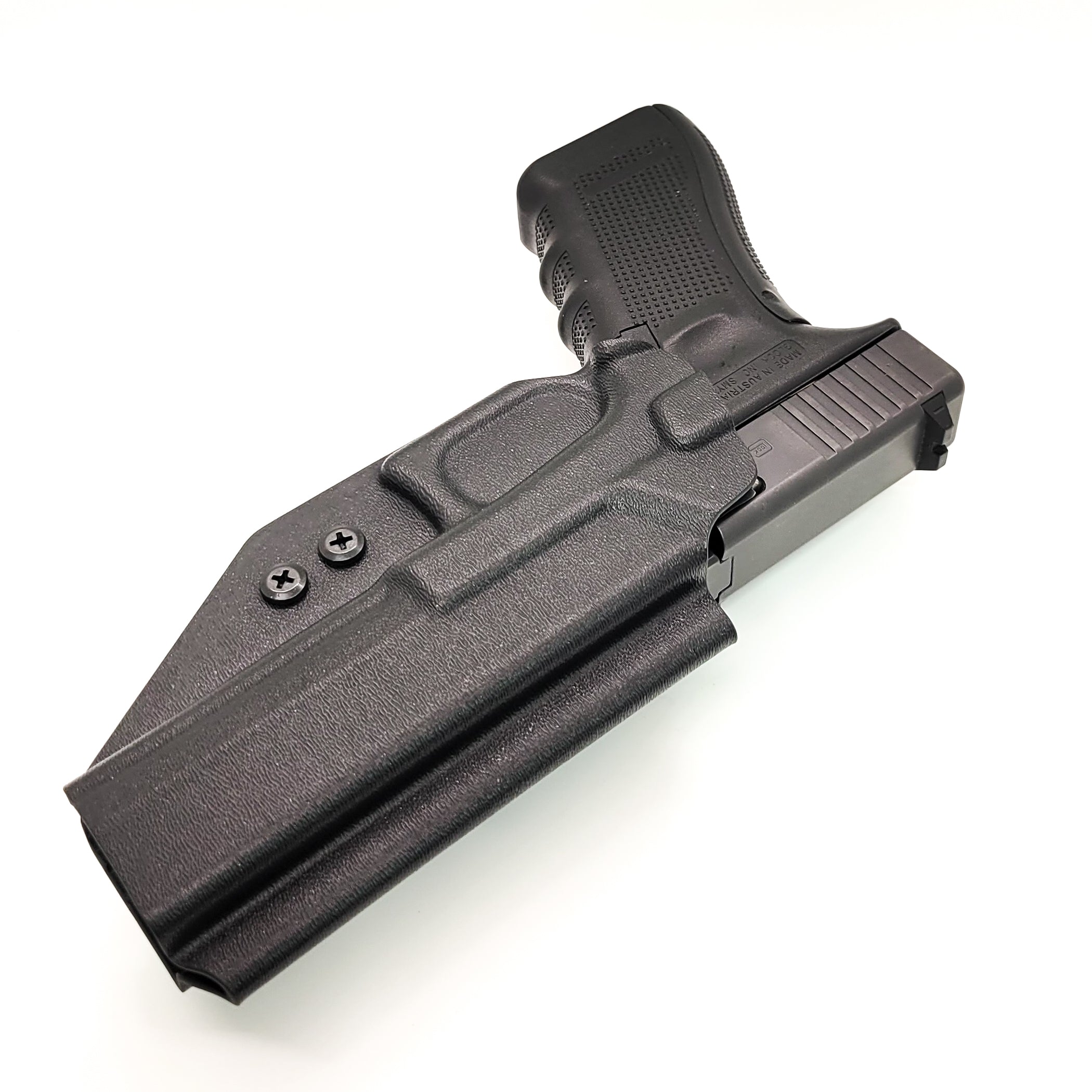 For the best outside waistband OWB holster for the Glock 34 Generation Gen 5, shop Four Brothers Holsters. Glock Gen 3 & 4 22, 17 MOS, Gen 3, 4 & 5 19, 23, 45 9mm Glock full size 9mm and 40 S&W frame pistols. The holster is cleared for a red dot sight. Adjustable Retention, molded with .080" Kydex, made in the USA.