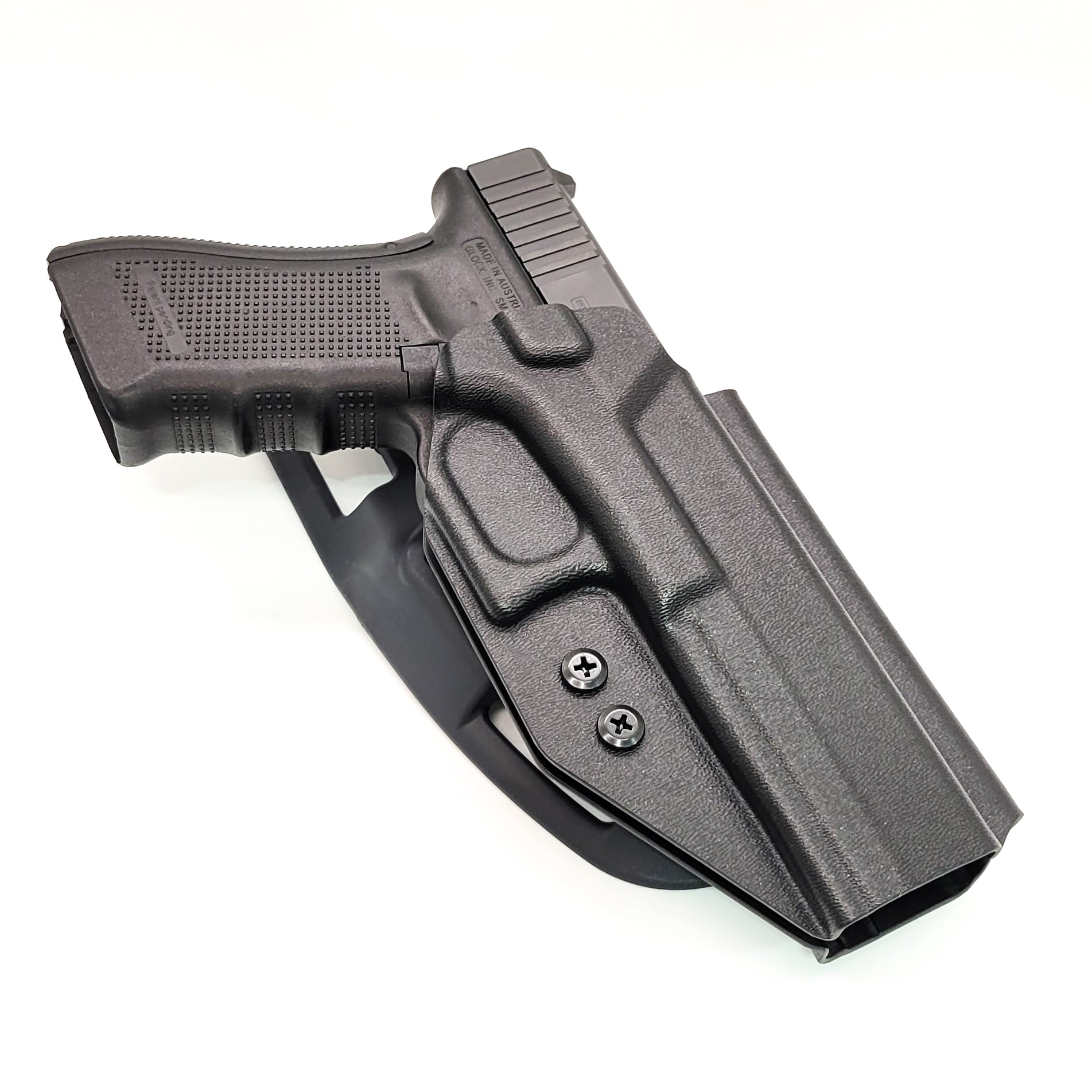 For the best outside waistband OWB duty & competition holster for the Glock 34 Generation Gen 5, shop Four Brothers Holsters.  Glock Gen 3 & 4 22, 17 MOS, Gen 3, 4 & 5 19, 23, 45, full size 40 S&W frame pistols.  The holster is cleared for a red dot sight. Adjustable Retention, molded with .080" Kydex, made in the USA.