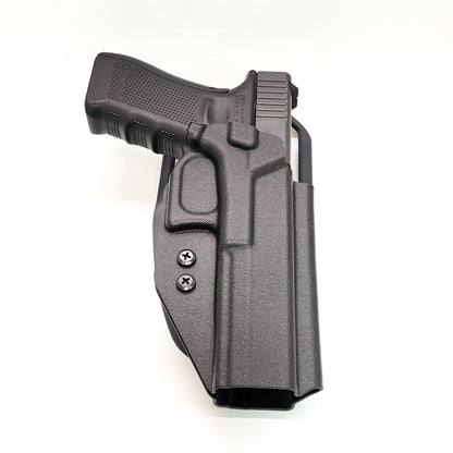 For the best outside waistband OWB duty & competition holster for the Glock 34 Generation Gen 5, shop Four Brothers Holsters.  Glock Gen 3 & 4 22, 17 MOS, Gen 3, 4 & 5 19, 23, 45, full size 40 S&W frame pistols.  The holster is cleared for a red dot sight. Adjustable Retention, molded with .080" Kydex, made in the USA.