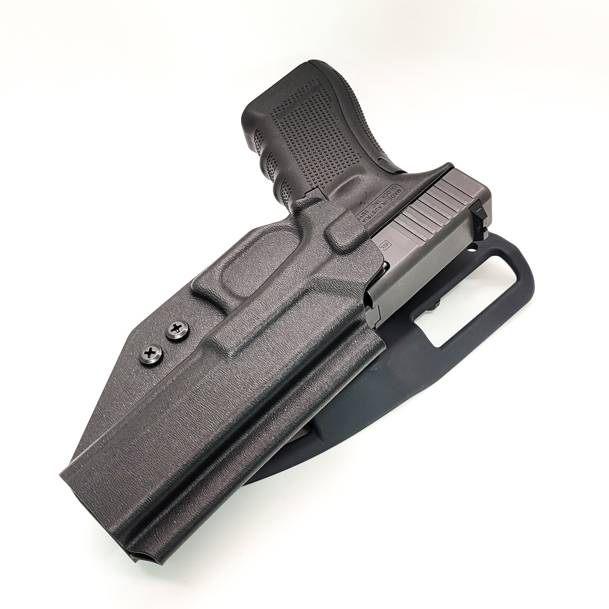 For the best outside waistband OWB duty & competition holster for the Glock 34 Generation Gen 5, shop Four Brothers Holsters.  Glock Gen 3 & 4 22, 17 MOS, Gen 3, 4 & 5 19, 23, 45, full size 40 S&W frame pistols.  The holster is cleared for a red dot sight. Adjustable Retention, molded with .080" Kydex, made in the USA.