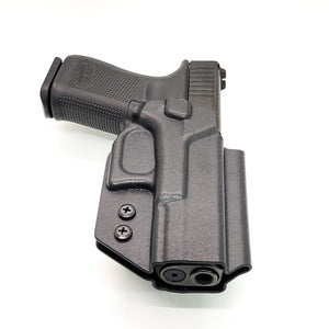 For the best, OWB, Outside Waistband Taco Style Holster of 2023 designed to fit the Glock 19 Gen 5 pistol. The holster will also fit the Gen 3, 4, and 5 Glock 19, 19X, 19 MOS, Gen 3 and 4 Glock 23, Glock 45, 45 MOS, Gen 5 9mm MOS models, and 32, 32 Gen 4. Open Muzzle, cleared for red dot sights. Made in the USA.