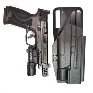 For the best Outside Waistband Duty & Competition OWB Kydex Holster designed to fit the Smith & Wesson Performance Center M&P 10MM M2.0 5.6" pistol and Surefire X300U-A, X300U-B, X300T-A or X300T-B, shop four brothers holsters. Full sweat guard, adjustable retention, profiled for a red dot sight. Made in the USA.