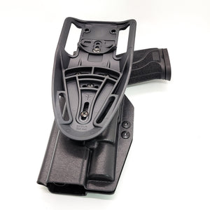 For the best Outside Waistband Duty & Competition OWB Kydex Holster designed to fit the Smith & Wesson Performance Center M&P 10MM M2.0 5.6" pistol and Surefire X300U-A, X300U-B, X300T-A or X300T-B, shop four brothers holsters. Full sweat guard, adjustable retention, profiled for a red dot sight. Made in the USA.