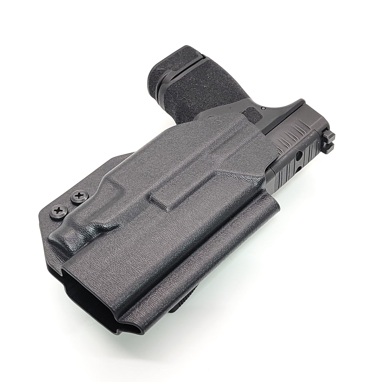 For the best OWB Outside Waistband Holster designed to fit the Springfield Hellcat or Hellcat RDP pistol with the Streamlight TLR-7 Sub SA light mounted to the handgun, shop Four Brothers Holsters. Full sweat guard, adjustable retention, minimal material, and smooth edges to reduce printing. Made in the USA.