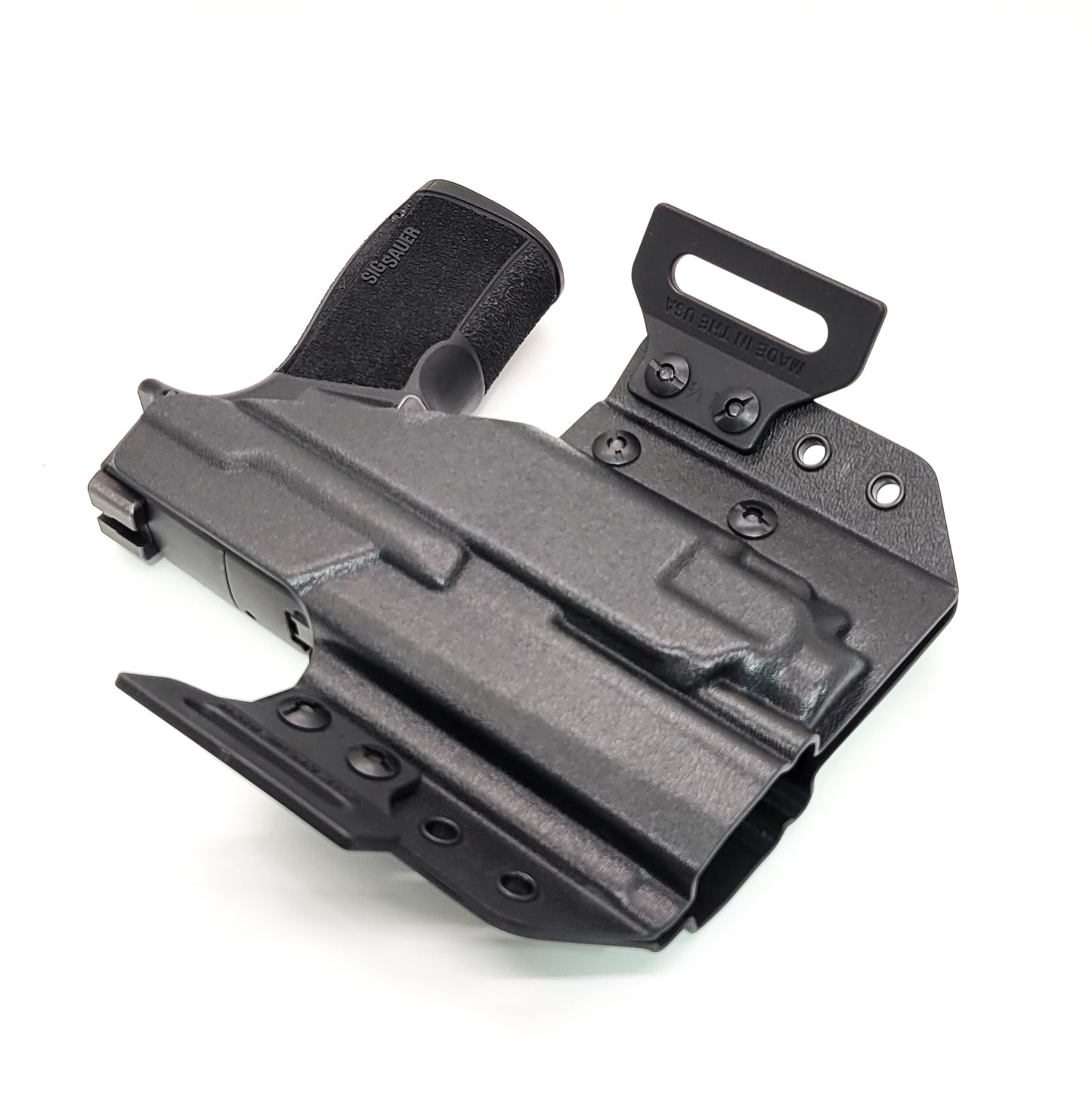 Get the best pancake-style OWB holster for your Sig Sauer P365X-MACRO, Macro TACOPS, or Macro COMP and Streamlight TLR-8 Sub at Four Brothers Holsters. Open Muzzle, Full Sweat Guard, Adjustable retention, Optic, and Red Dot ready. Made in the USA. P365 P 365 X MACRO XMACRO TLR8 TLR 8 G Pancake