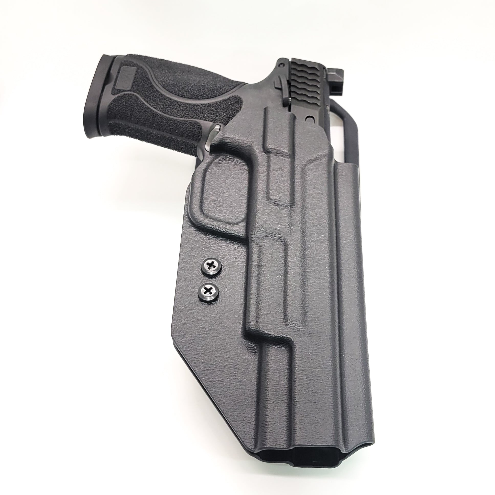 For the best OWB Outside Waistband Kydex Duty and Competition Holster designed to fit the Smith and Wesson M&P 10MM M2.0 4", 4.6", and Performance Center 5.6" pistols with or without the thumb safety Shop Four Brothers Holsters. Full sweat guard, adjustable retention, cleared for a red dot sight. Made in USA