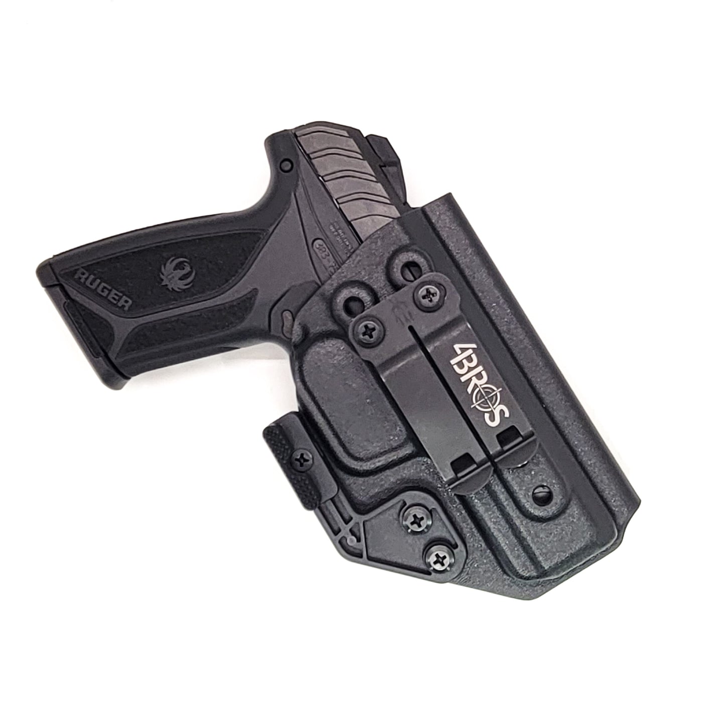 For the best, most comfortable, AIWB, IWB, Kydex Inside Waistband Holster Designed to fit the Ruger Security 9 pistol, shop Four Brothers 4BROS holsters. Adjustable retention, high sweat guard, smooth edges, and minimal material for improved comfort and concealment. Made in the USA 