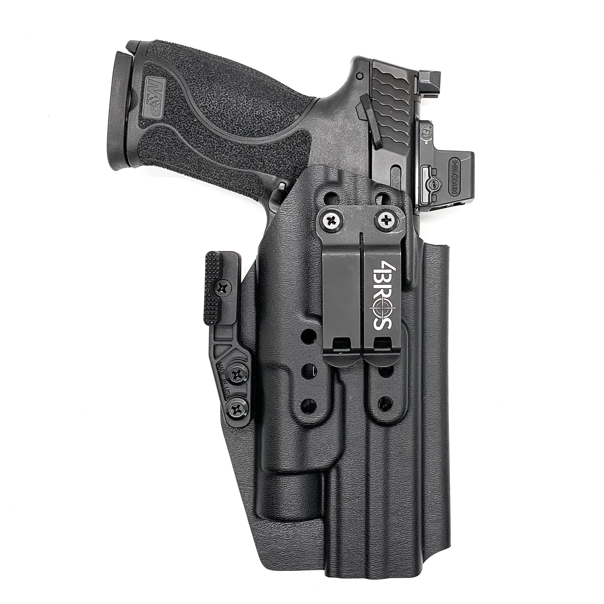 For the Best IWB AIWB Inside Waistband Kydex Taco Holster designed to fit the Smith and Wesson M&P 5.6" Performance Center 10MM M2.0 pistol with thumb safety & TLR-1, shop Four Brothers Holsters.  Full sweat guard, adjustable retention, profiled for a red dot sight. Made in the USA for veterans and law enforcement. 