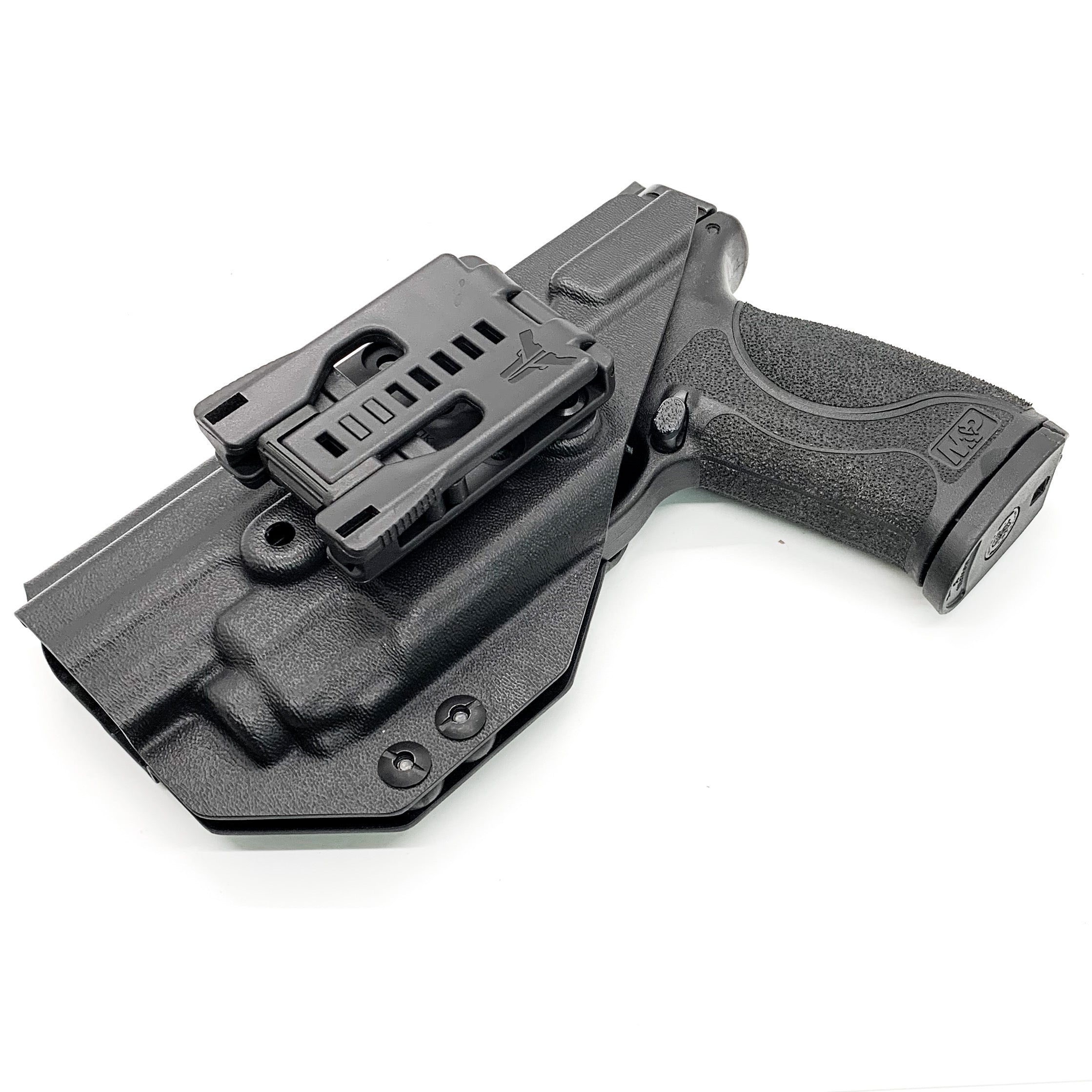 For the best, Outside Waistband OWB Kydex Taco Holster designed to fit the Smith & Wesson M&P 4" 10mm M2.0 pistol with thumb safety & TLR-8A handgun, shop Four Brothers Holsters.  Full sweat guard, adjustable retention, profiled for a red dot sight.  Proudly made in the USA for veterans and law enforcement.