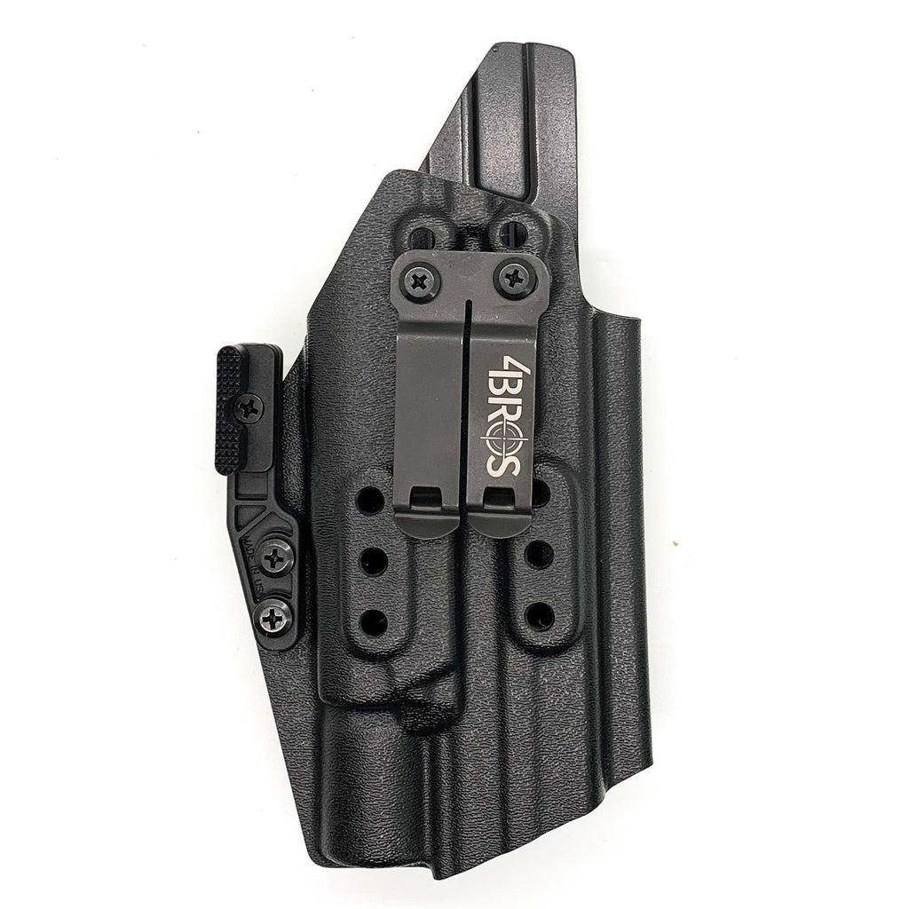 For the best Inside Waistband IWB AIWB Holster designed to fit the Smith and Wesson M&P 10MM  4 or 4.6" M2.0 pistol with thumb safety & Surefire X300U-A, X300U-B, X-300T-A, or X-300T-B weapon light, shop four brothers.  Full sweat guard, adjustable retention, cleared for a red dot sight. Made in the USA.  