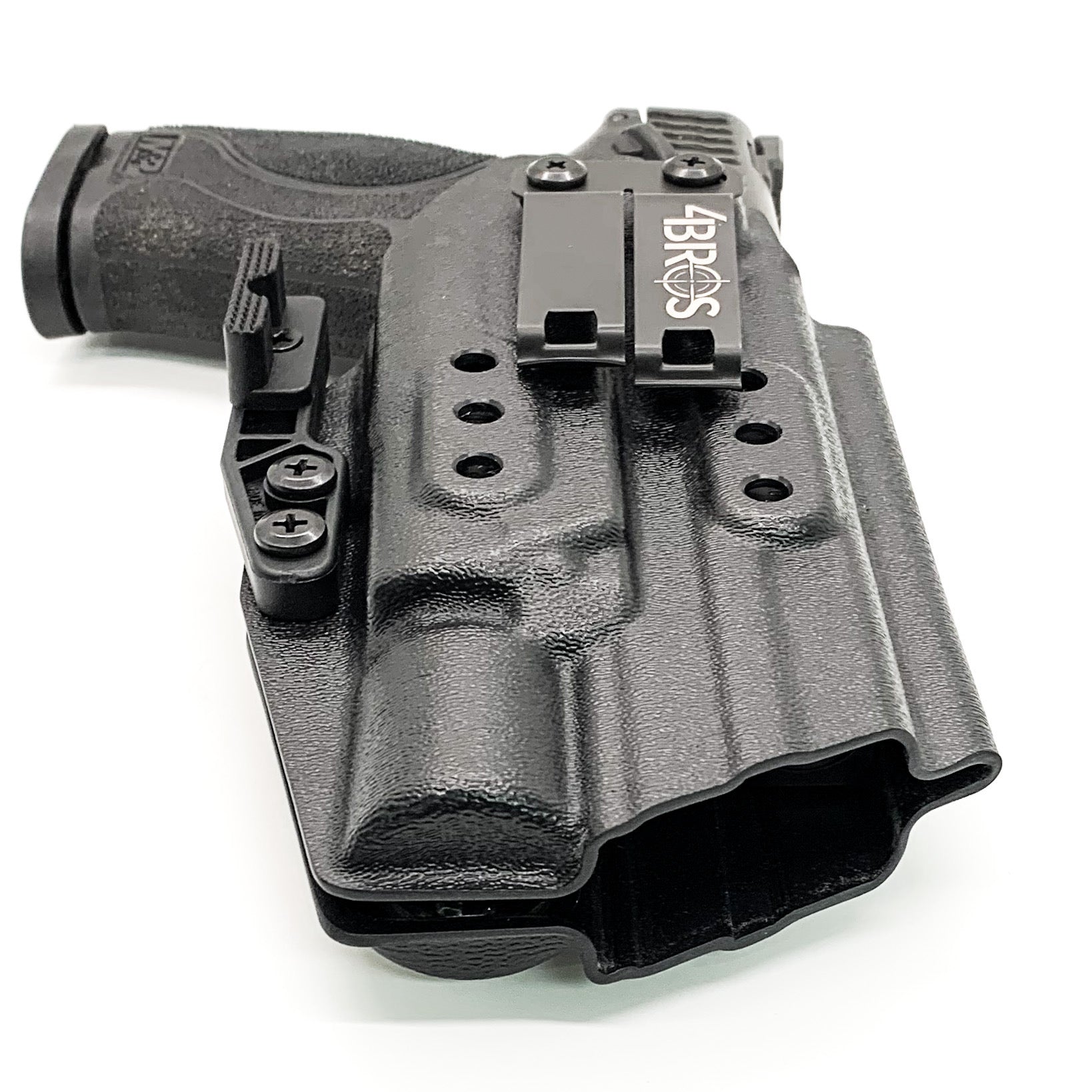 For the best Inside Waistband IWB AIWB Holster designed to fit the Smith and Wesson M&P 10MM  4 or 4.6" M2.0 pistol with thumb safety & Surefire X300U-A, X300U-B, X-300T-A, or X-300T-B weapon light, shop four brothers.  Full sweat guard, adjustable retention, cleared for a red dot sight. Made in the USA.  