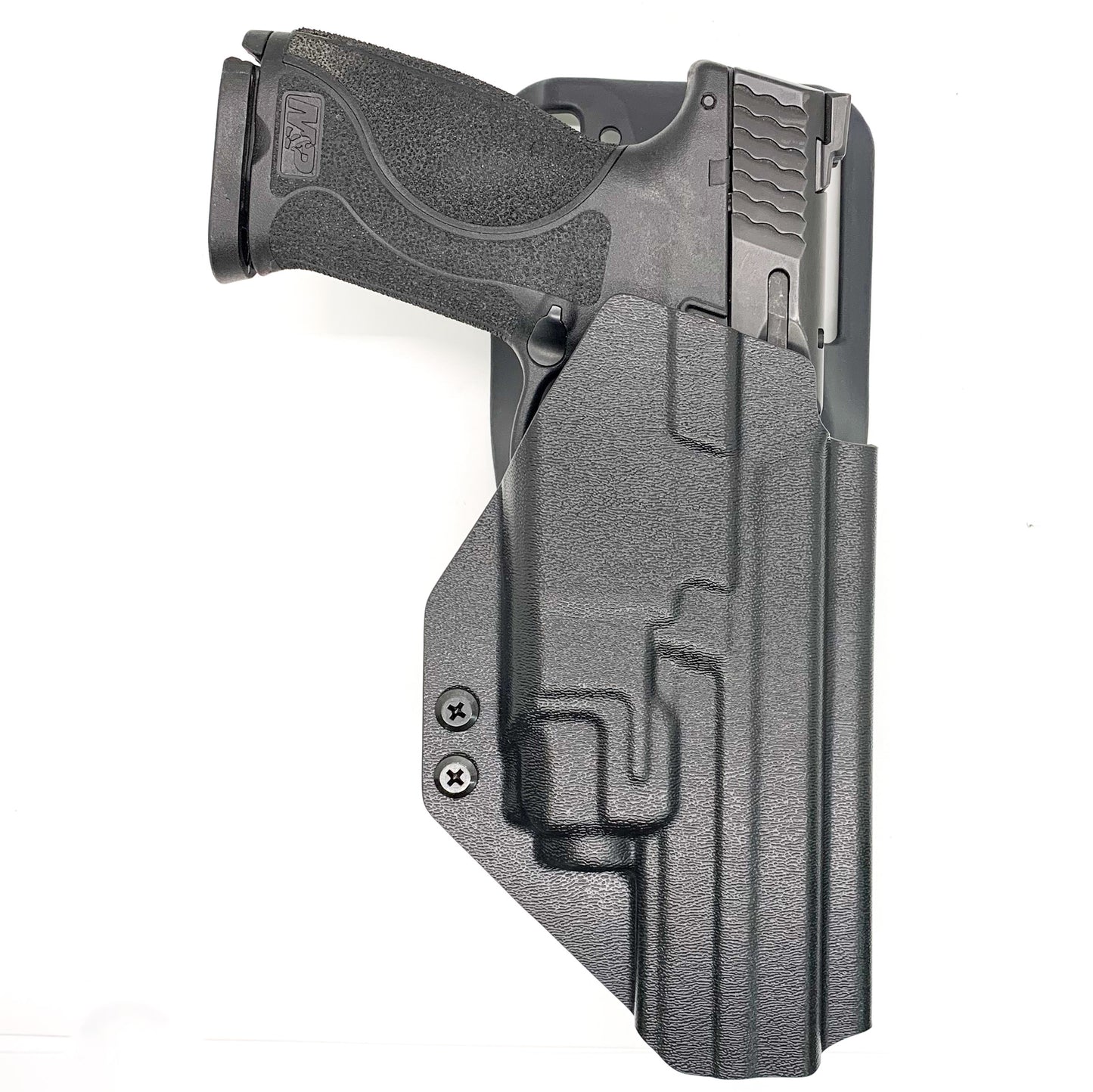 For the best Outside Waistband Duty & Competition OWB Kydex Holster designed to fit the Smith & Wesson Performance Center M&P M2.0 5.6" 10MM pistol with thumb safety and Streamlight TLR-8A weapon light shop Four Brothers Holsters.  Full sweat guard, adjustable retention, profiled for a red dot sight. Made in the USA.